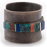 Silver Cuff Bracelet, Accented with Gold, Turquoise, Lapis, and Coral
