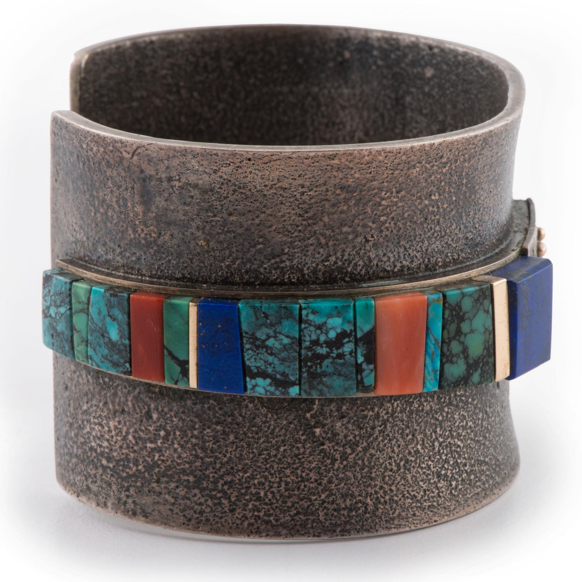 Silver Cuff Bracelet, Accented with Gold, Turquoise, Lapis, and Coral