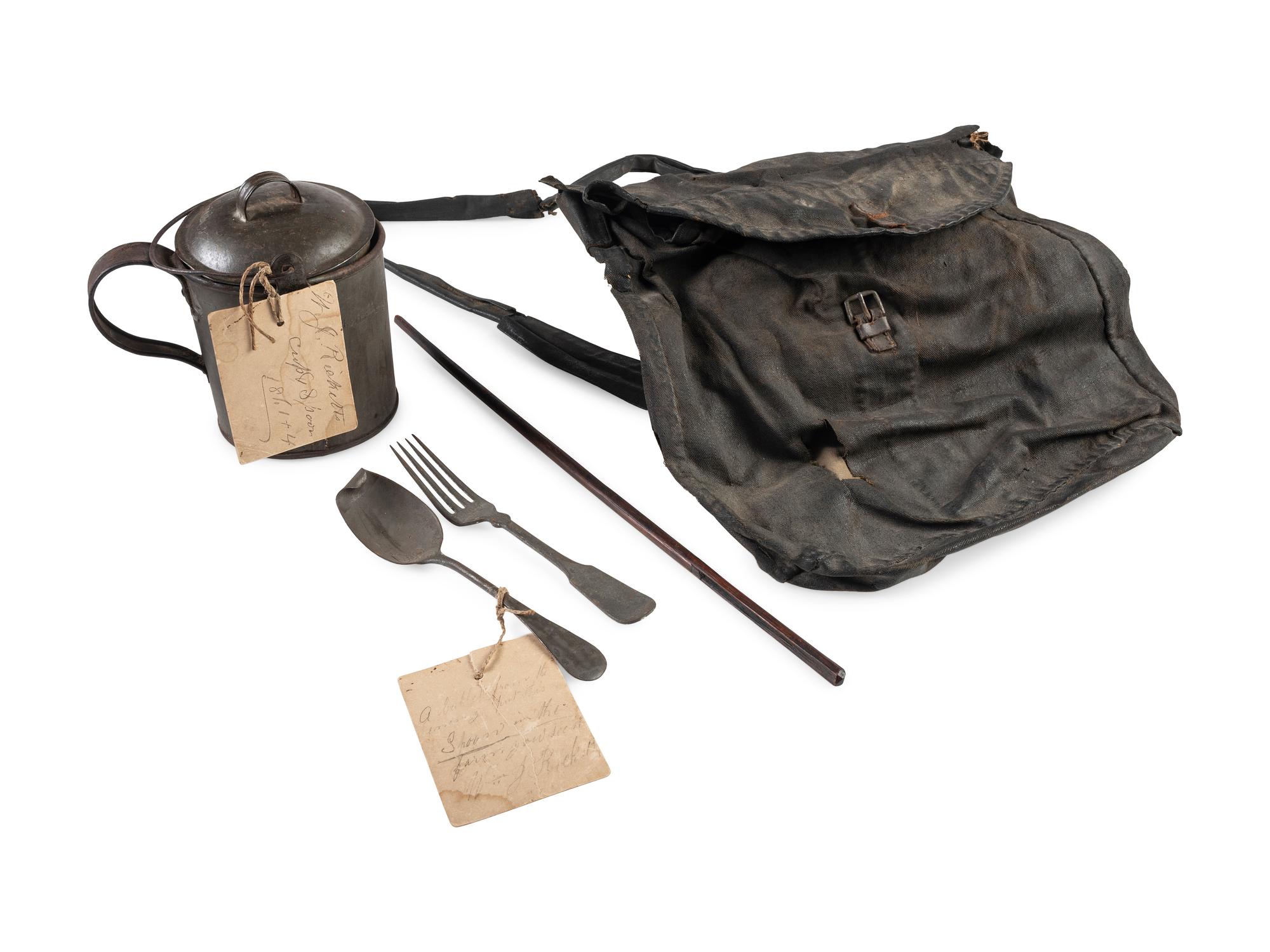A group of items identified to Corporal William J. Ricketts, Company D, 21st Massachusetts Infantry, WIA Fredericksburg and Bethesda Church, VA, incl. bullet-struck haversack, utensils, and mucket.