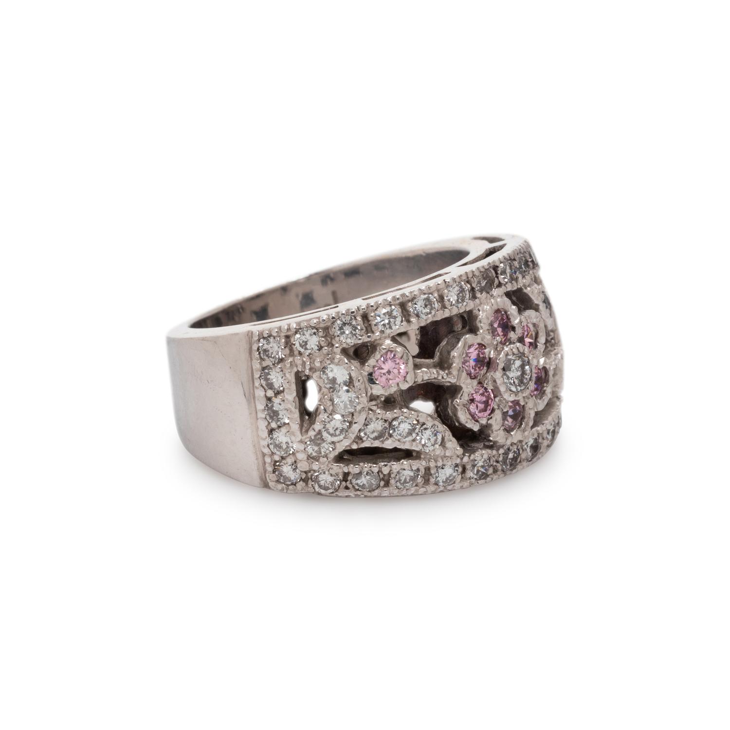 WHITE GOLD, DIAMOND AND PINK STONE RING