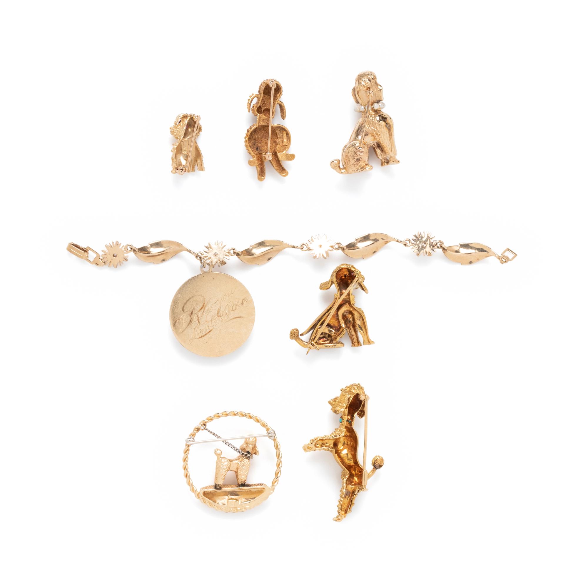 COLLECTION OF YELLOW GOLD POODLE JEWELRY