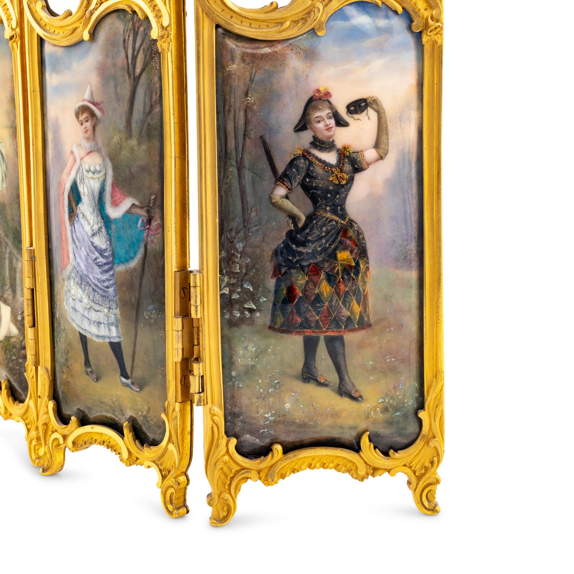 A French Gilt Bronze, Enameled Copper and Glass Table Screen
