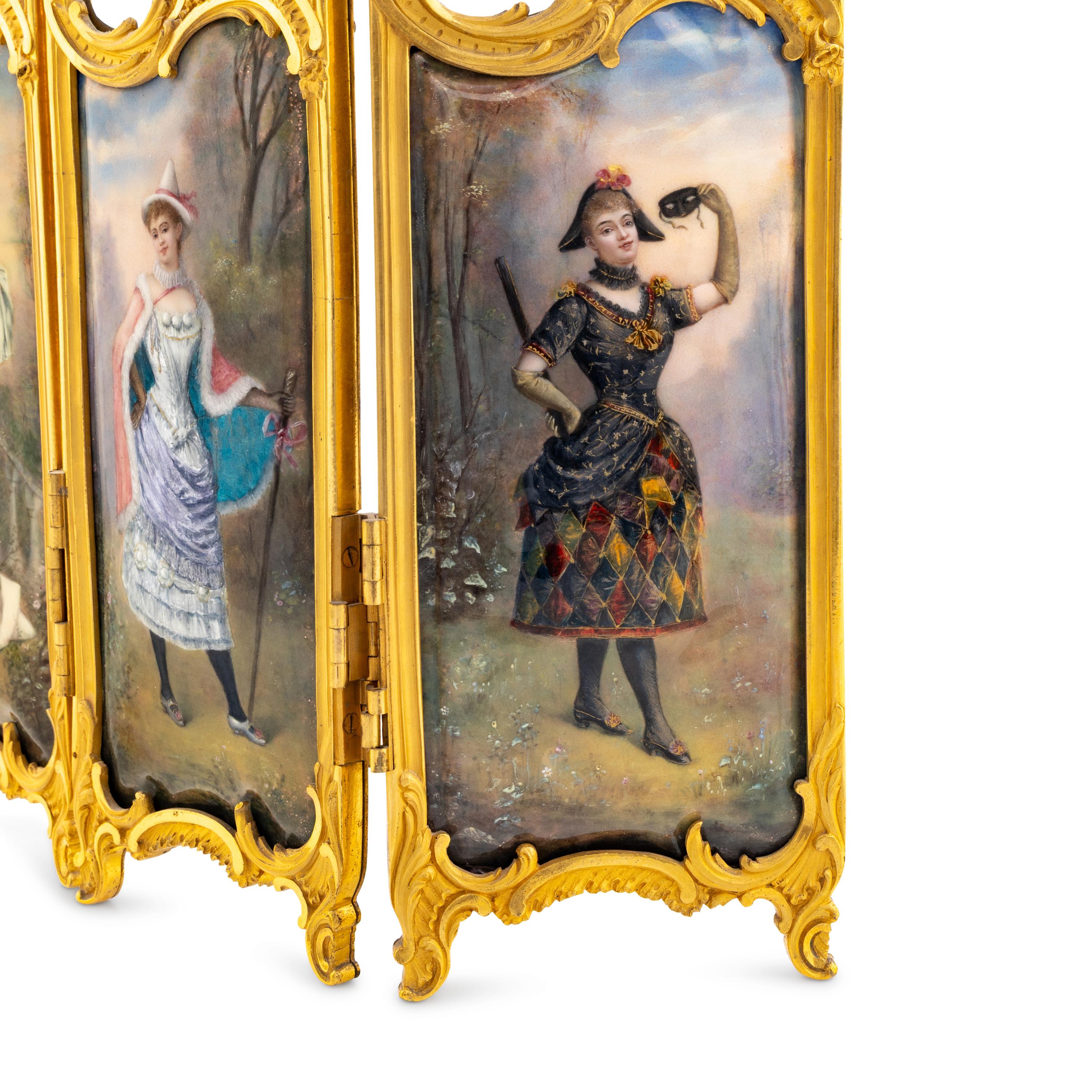 A French Gilt Bronze, Enameled Copper and Glass Table Screen