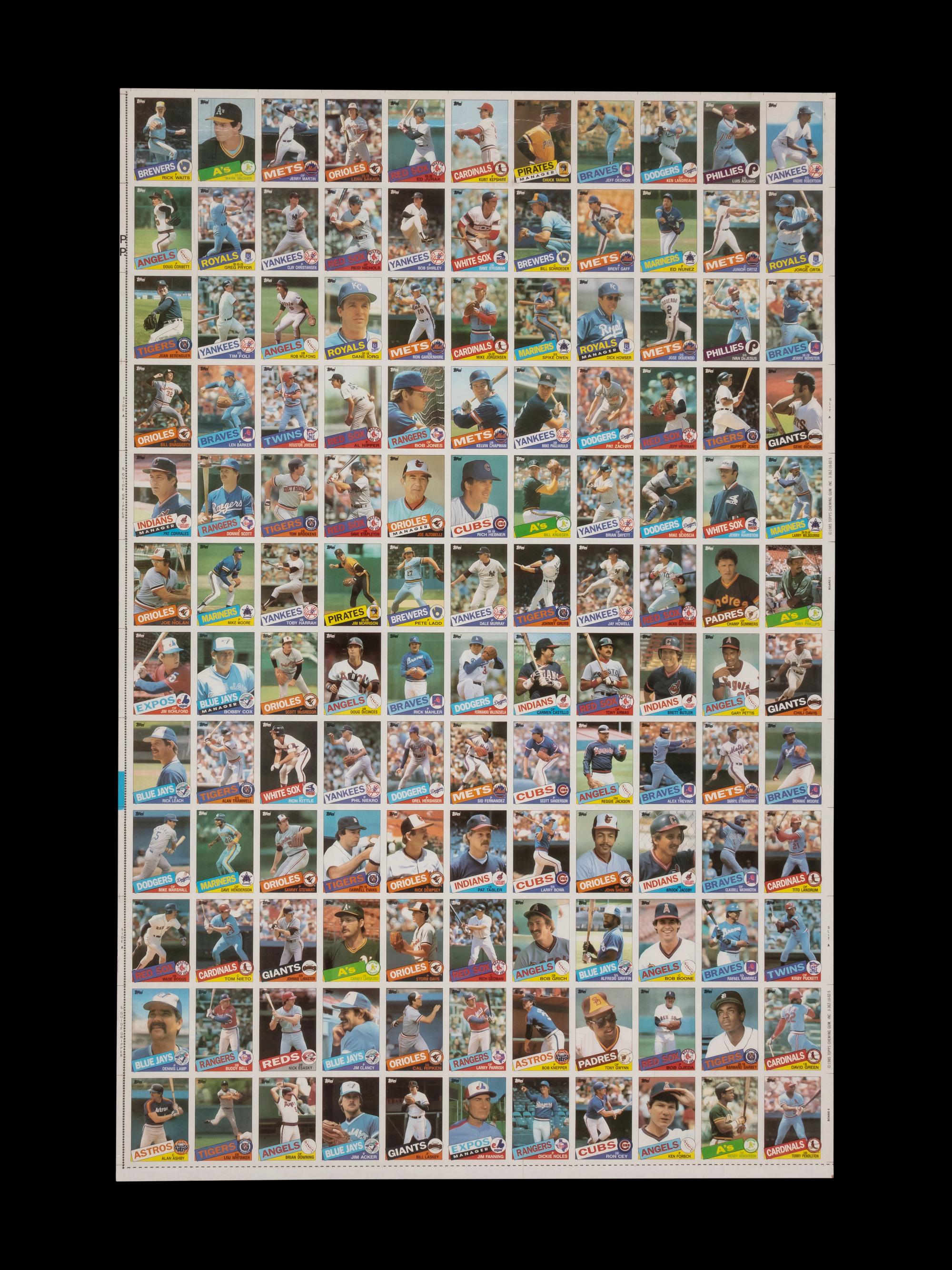 A Complete Set of 1985 Topps Baseball Cards in Six Uncut Sheets Featuring Mark McGwire, Roger Clemens and Kirby Puckett Rookie Cards