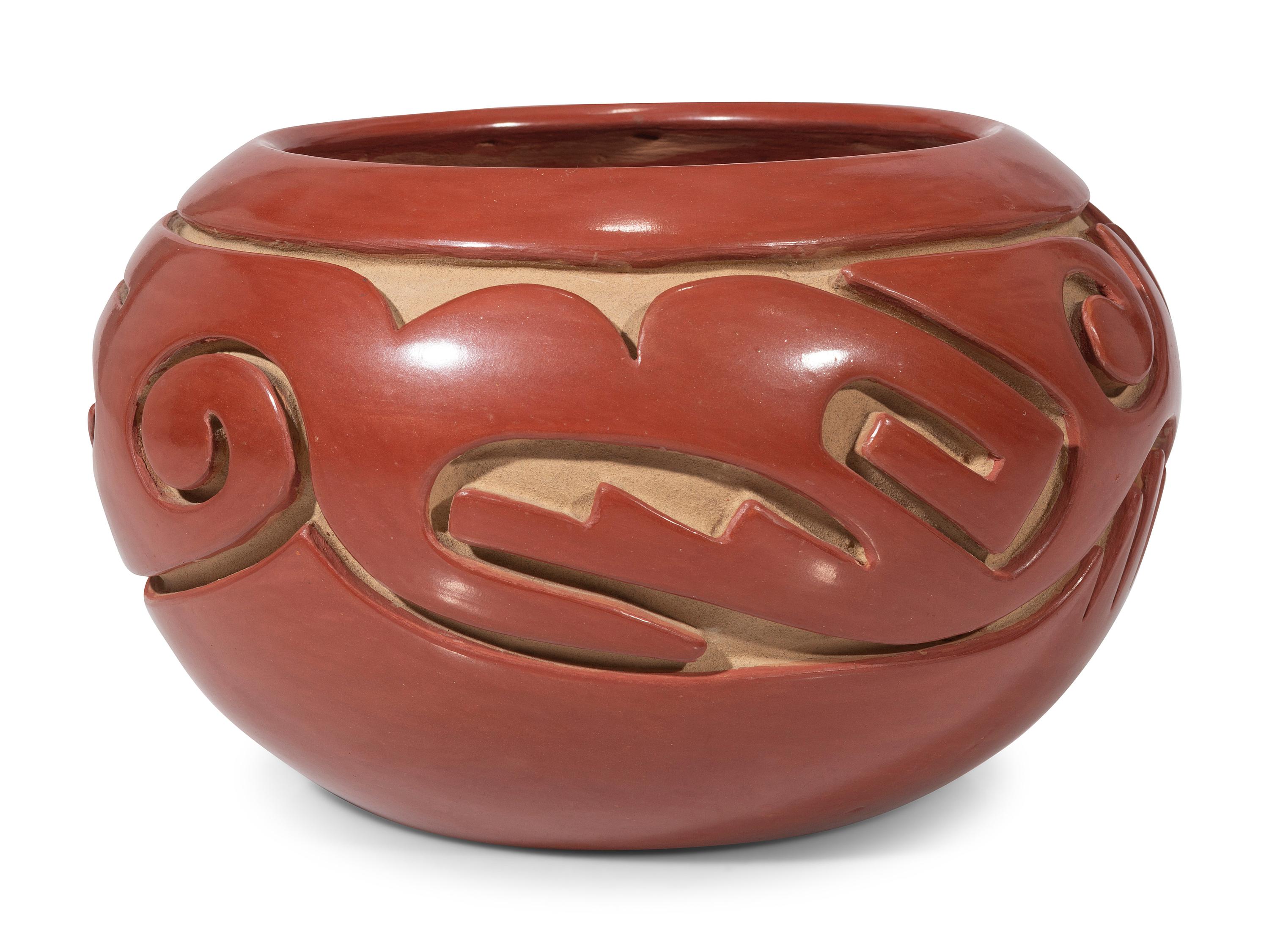 Carved Redware Pottery Bowl