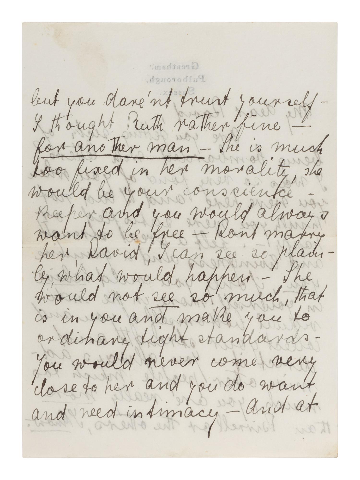 LAWRENCE, D. H. (1885-1930). Autograph letter signed ("D. H. Lawrence"), to David Garnett. Greatham, Pulborough, Sussex, [19 April 1915]. 5 pages, 8vo . [ With :] LAWRENCE, Freida. Autograph letter signed ("Freida"), to David Garnett. [19 April 1915]. With postscript from D. H. Lawrence at end. 2 pages, 8vo, with original envelope marked "Absolutely Private ."