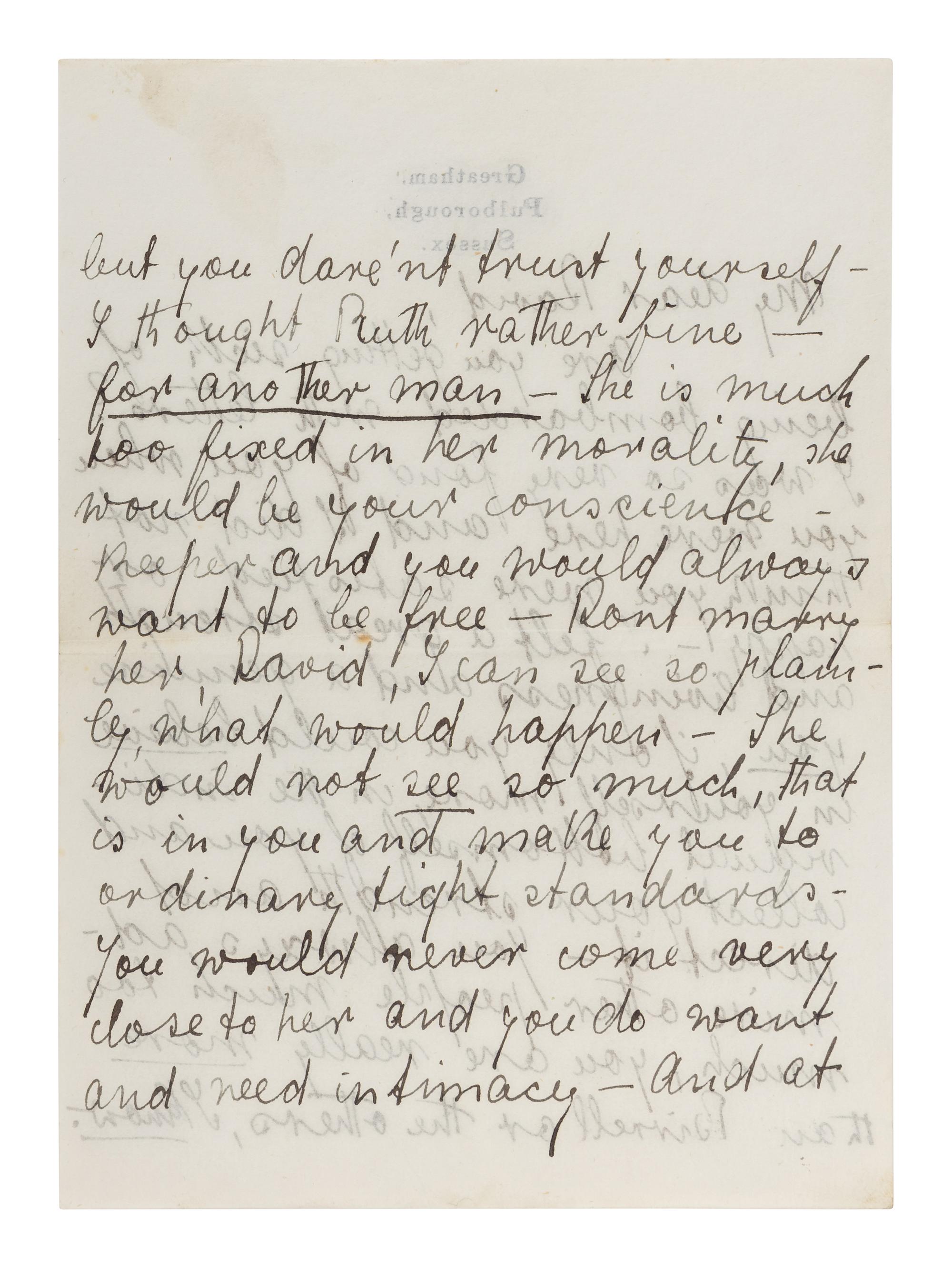 LAWRENCE, D. H. (1885-1930). Autograph letter signed ("D. H. Lawrence"), to David Garnett. Greatham, Pulborough, Sussex, [19 April 1915]. 5 pages, 8vo . [ With :] LAWRENCE, Freida. Autograph letter signed ("Freida"), to David Garnett. [19 April 1915]. With postscript from D. H. Lawrence at end. 2 pages, 8vo, with original envelope marked "Absolutely Private ."