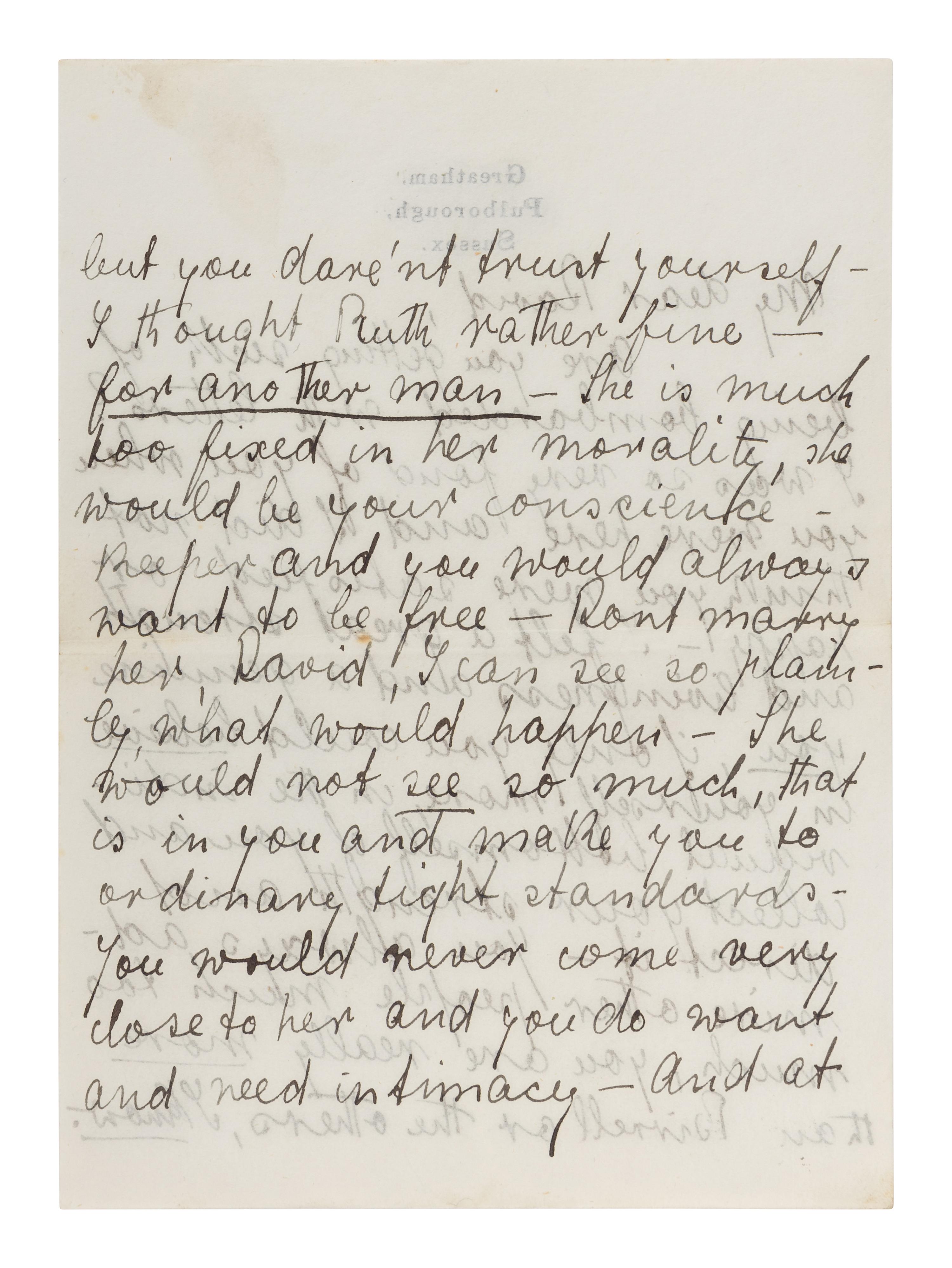 LAWRENCE, D. H. (1885-1930). Autograph letter signed ("D. H. Lawrence"), to David Garnett. Greatham, Pulborough, Sussex, [19 April 1915]. 5 pages, 8vo . [ With :] LAWRENCE, Freida. Autograph letter signed ("Freida"), to David Garnett. [19 April 1915]. With postscript from D. H. Lawrence at end. 2 pages, 8vo, with original envelope marked "Absolutely Private ."