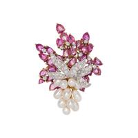 PINK SAPPHIRE, DIAMOND AND CULTURED PEARL FLOWER BROOCH