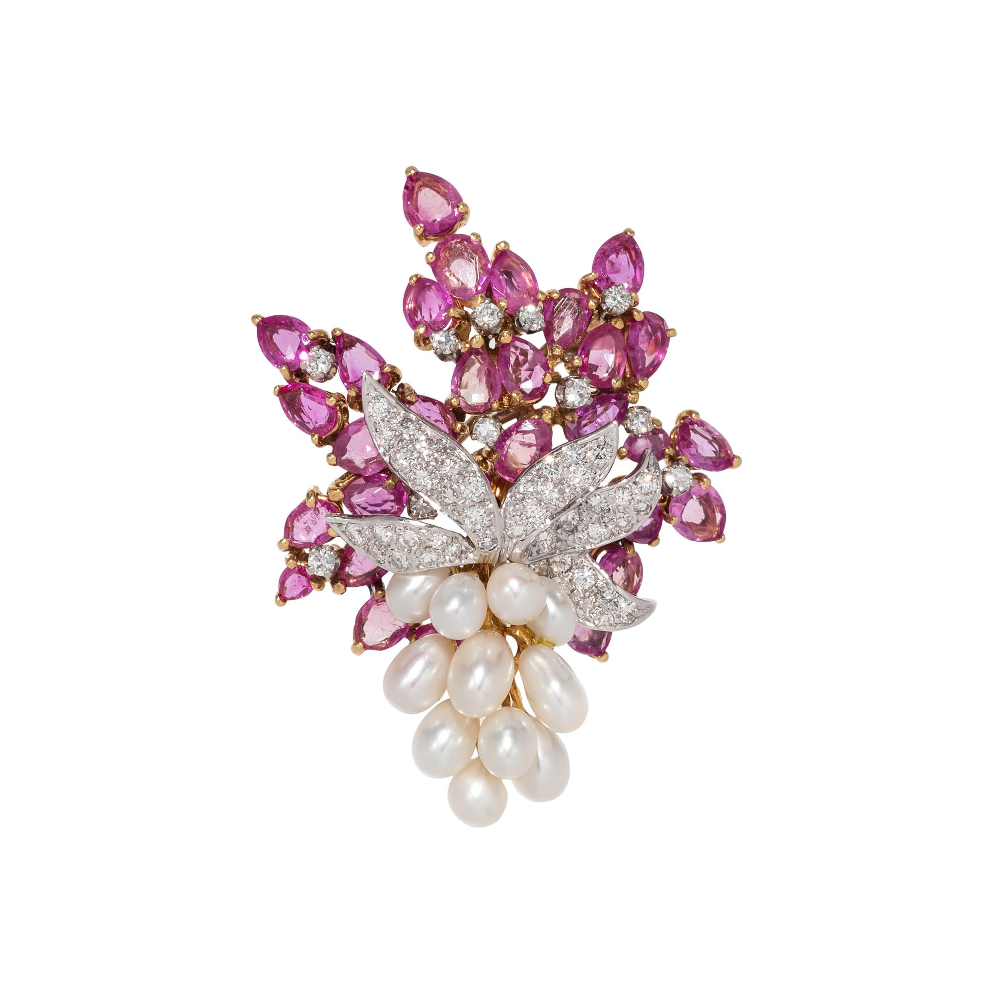 PINK SAPPHIRE, DIAMOND AND CULTURED PEARL FLOWER BROOCH
