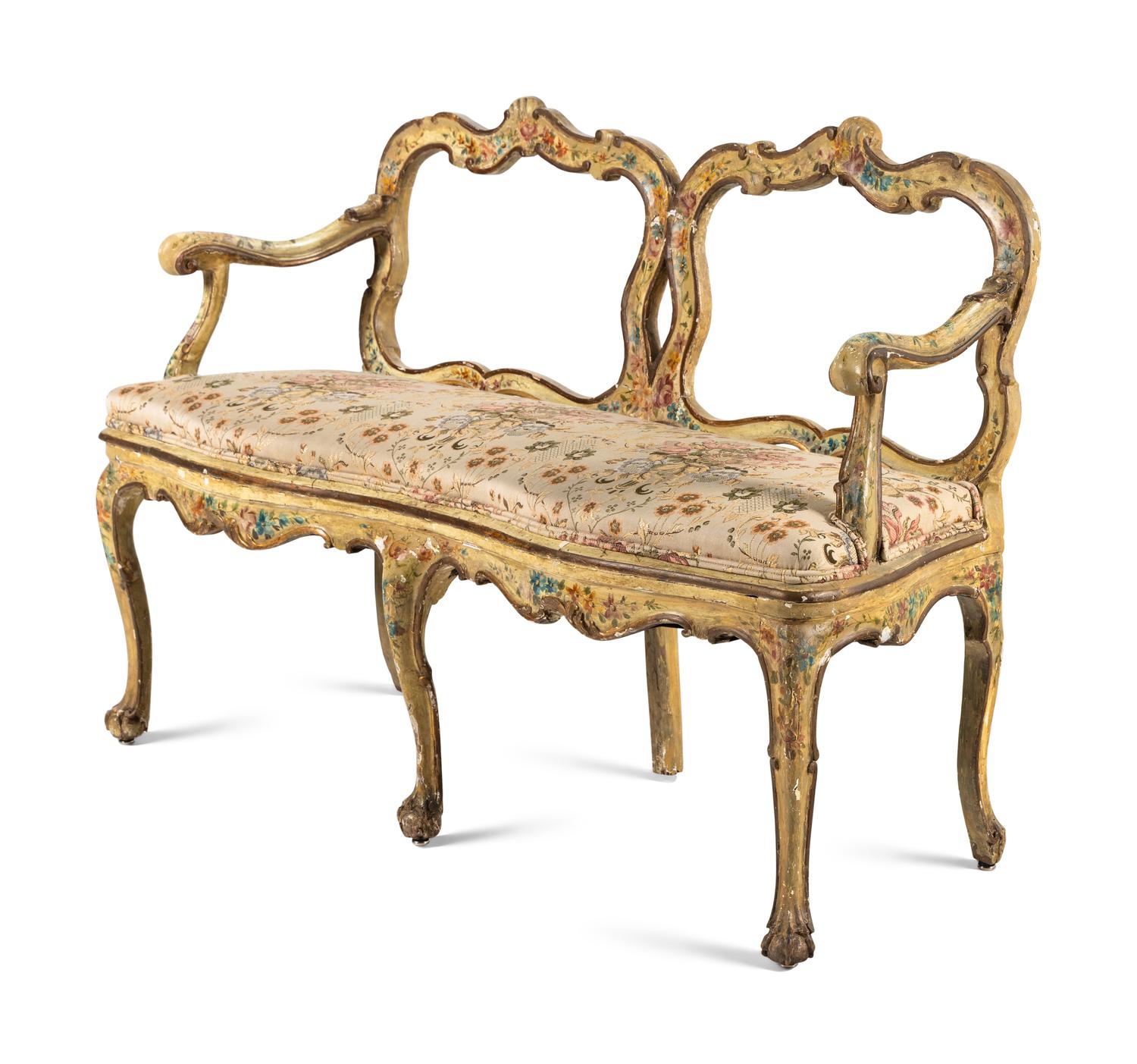 A Venetian Cream and Polychrome Painted Settee