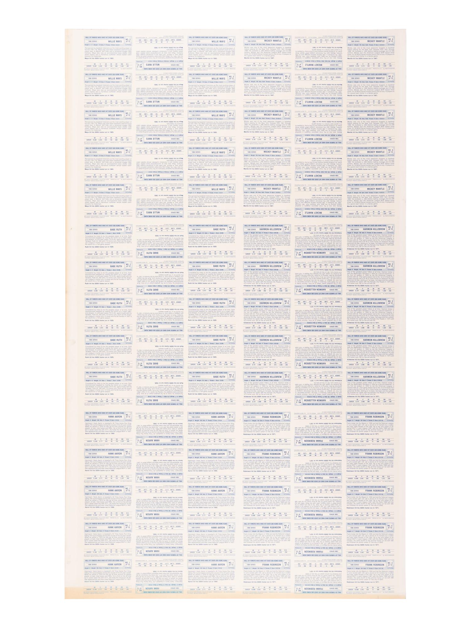A Group of Five Uncut Sheets of 1980 Baseball Immortals and Home Run Legends Baseball Cards