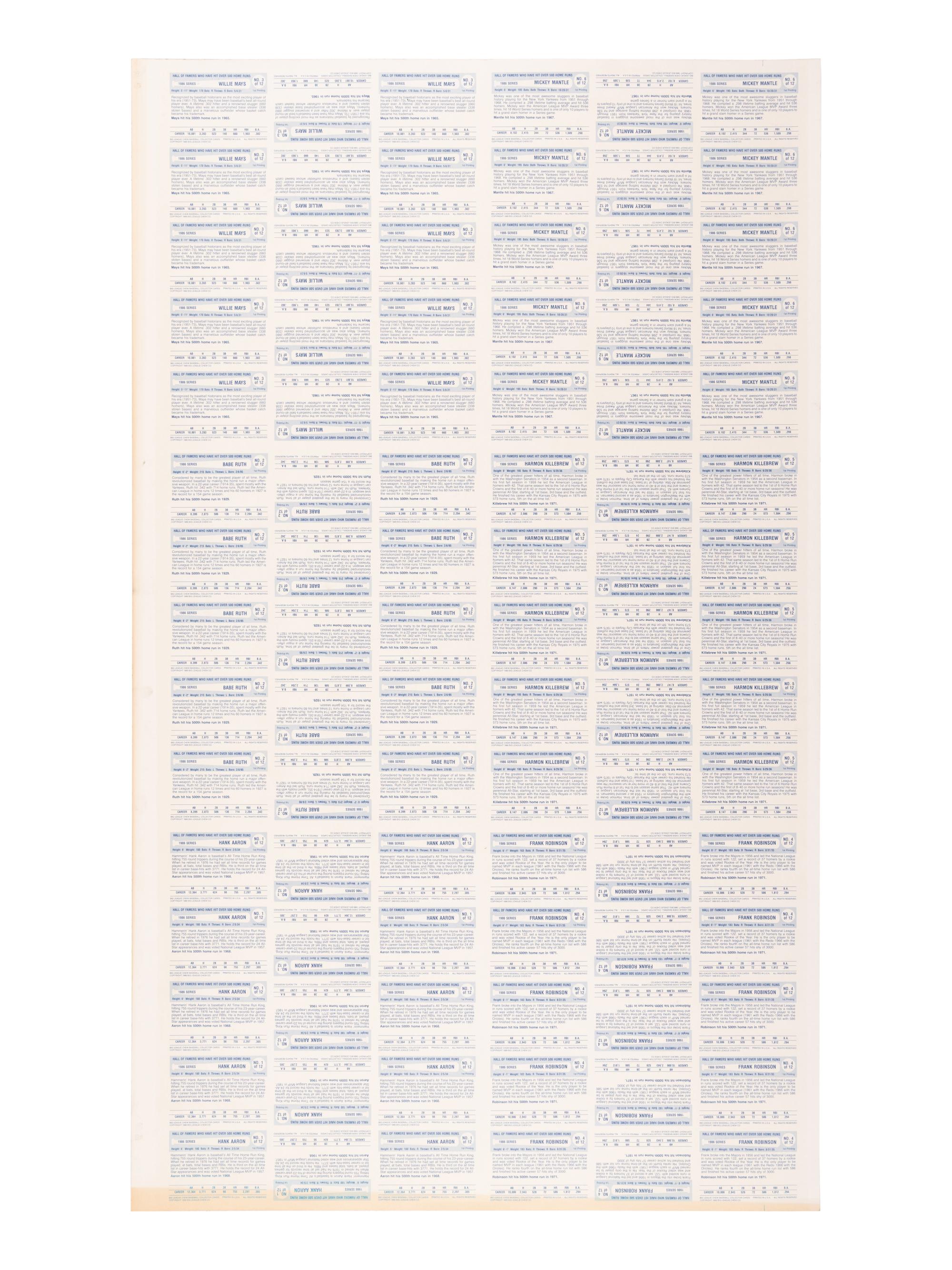 A Group of Five Uncut Sheets of 1980 Baseball Immortals and Home Run Legends Baseball Cards