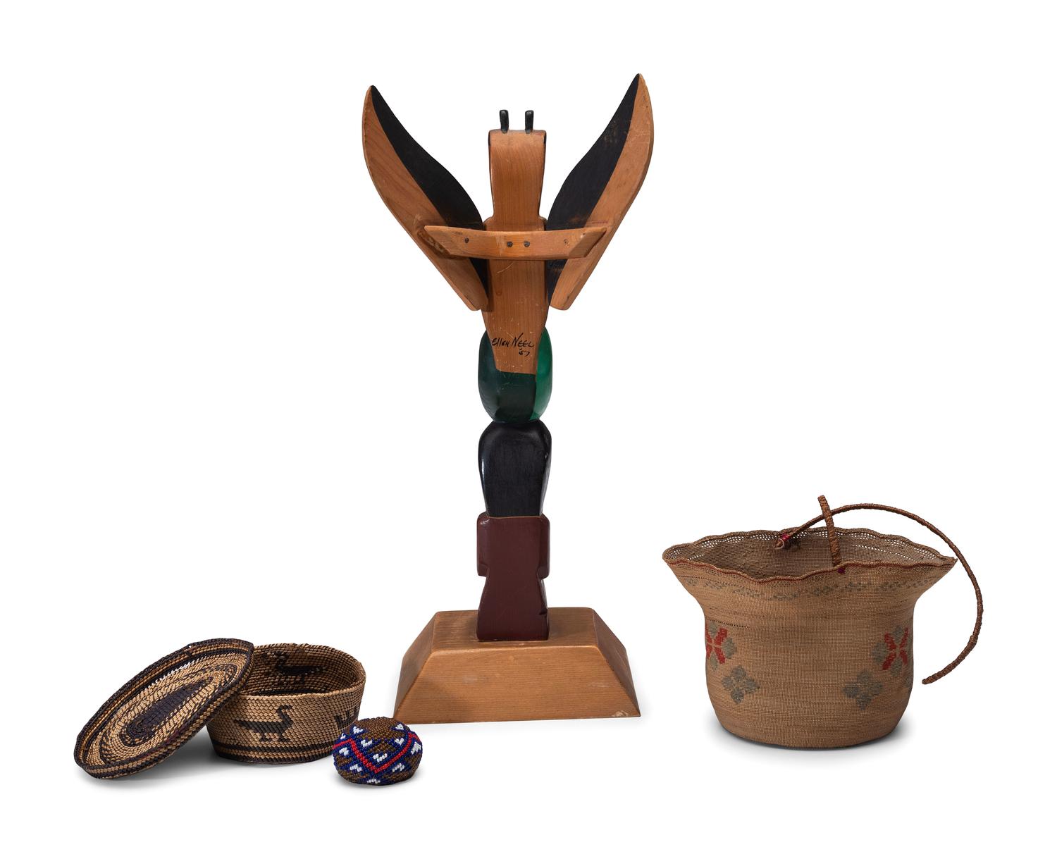 Collection of Arctic and Northwest Coast Baskets and Totem Pole