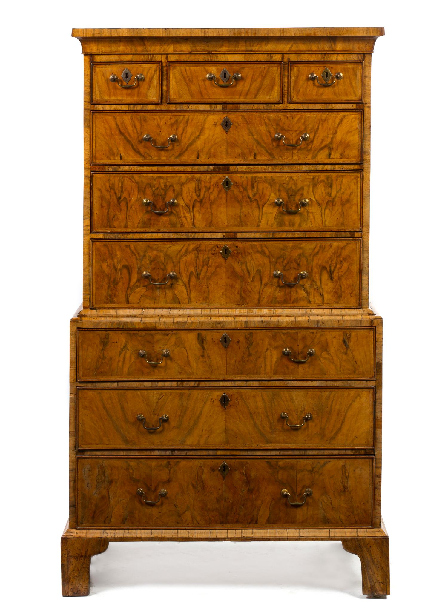 A George II Style Walnut Chest on Chest, Height 67 3/4 x width 37 3/4 x depth 19 3/4 inches.