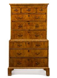 A George II Style Walnut Chest on Chest, Height 67 3/4 x width 37 3/4 x depth 19 3/4 inches.