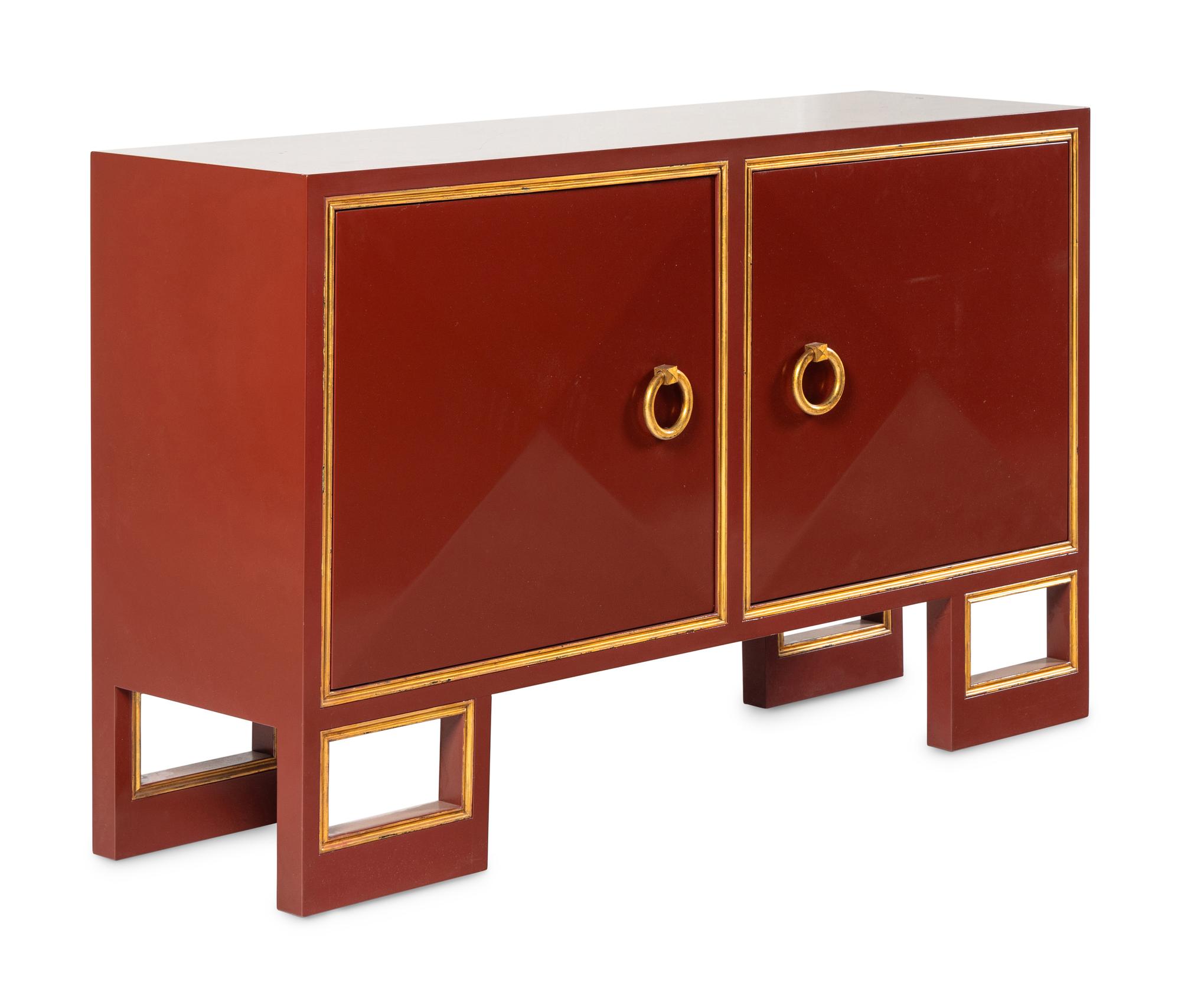 A Custom Red Lacquer and Parcel Gilt Saint Regis Cabinet