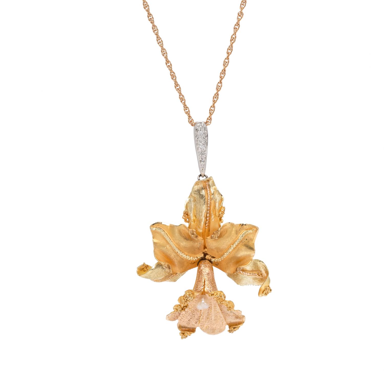 Yellow Gold, Diamond, and Cultured Pearl Flower Pendant Necklace