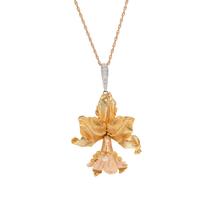 Yellow Gold, Diamond, and Cultured Pearl Flower Pendant Necklace