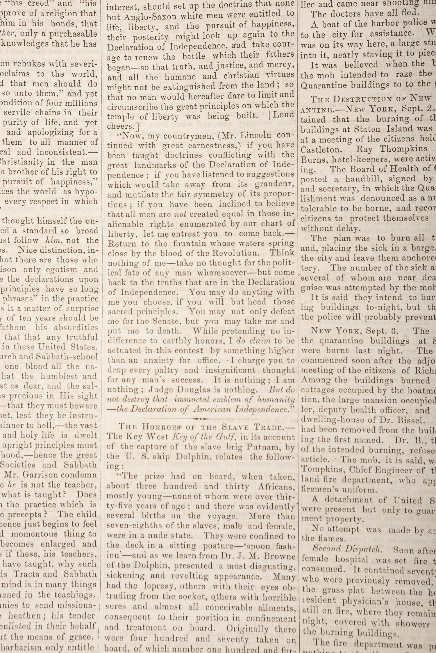 [LINCOLN, Abraham (1809-1865)]. Vermont Watchman & State Journal. Vol. 52, No. 42. Montpelier, VT: E.P. Walton, 10 September 1858.