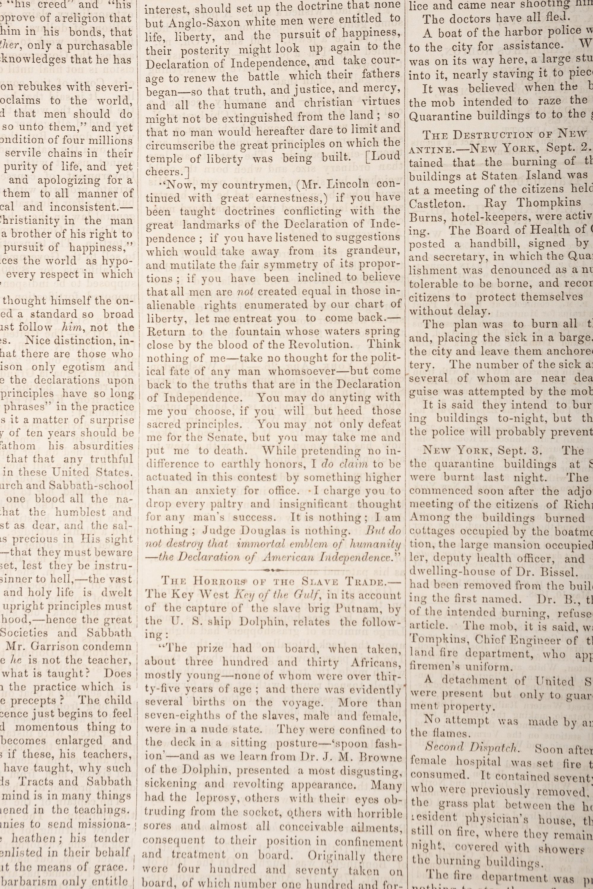 [LINCOLN, Abraham (1809-1865)]. Vermont Watchman & State Journal. Vol. 52, No. 42. Montpelier, VT: E.P. Walton, 10 September 1858.