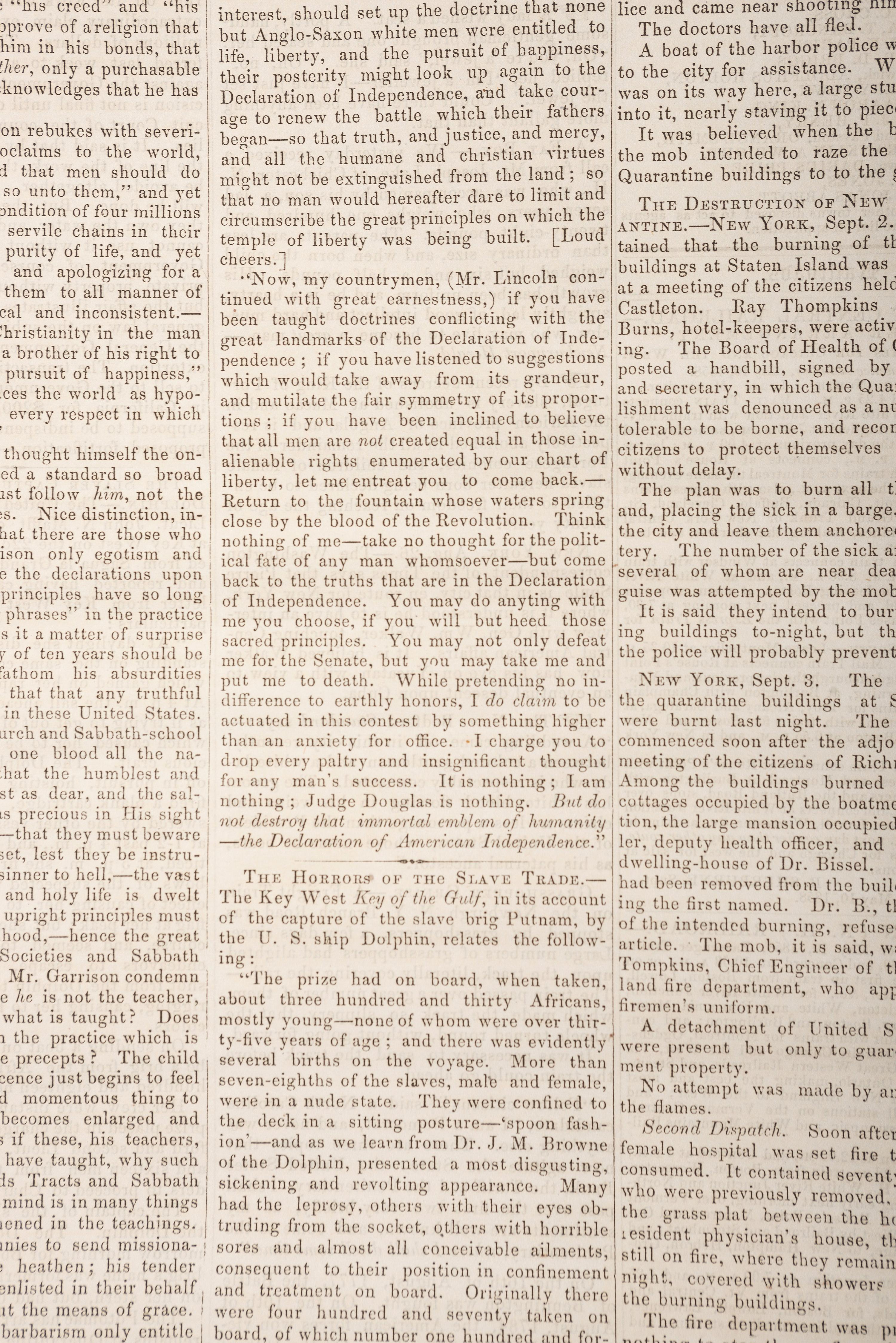 [LINCOLN, Abraham (1809-1865)]. Vermont Watchman & State Journal. Vol. 52, No. 42. Montpelier, VT: E.P. Walton, 10 September 1858.