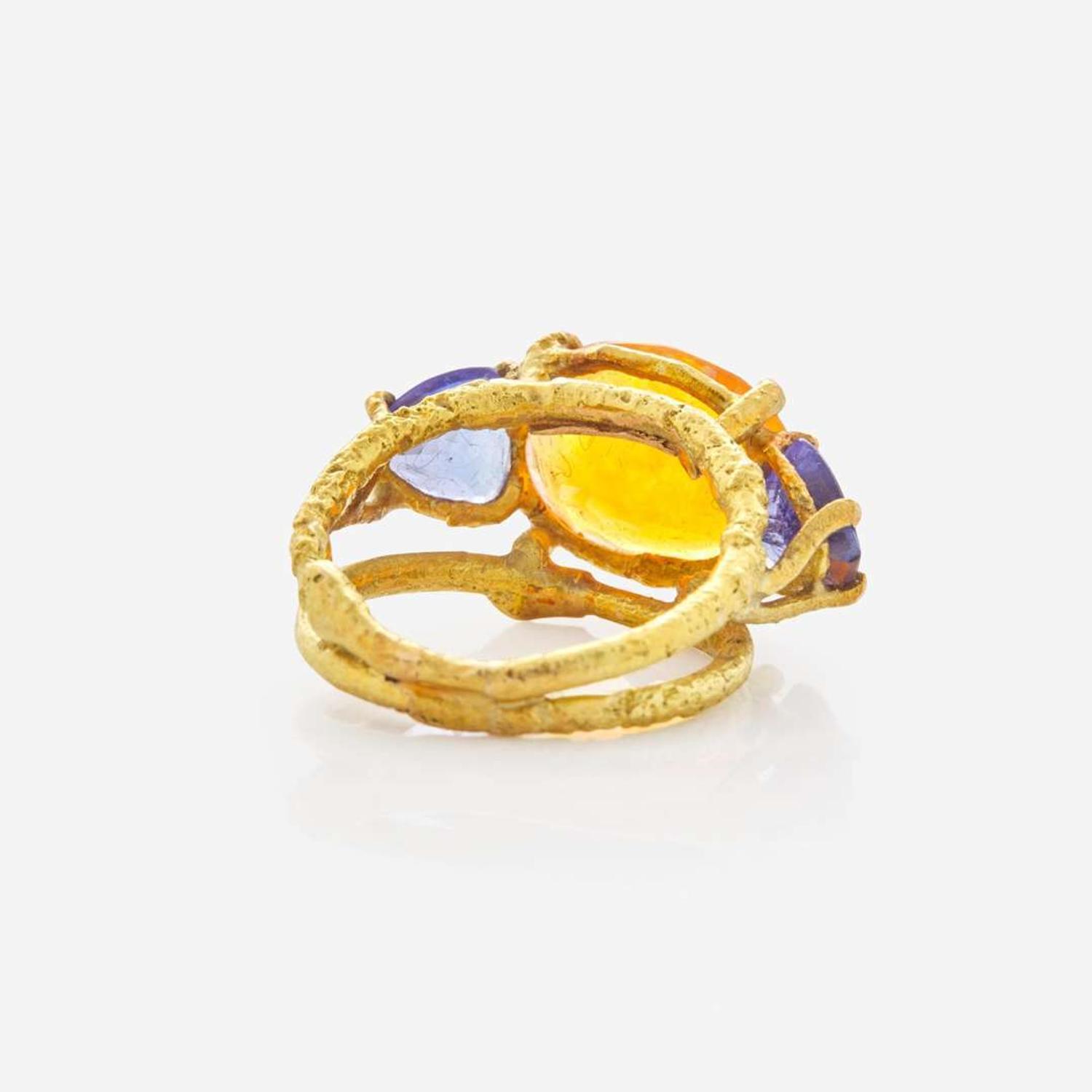 A 14K Fire Opal and Tanzanite Ring by Sam Shaw