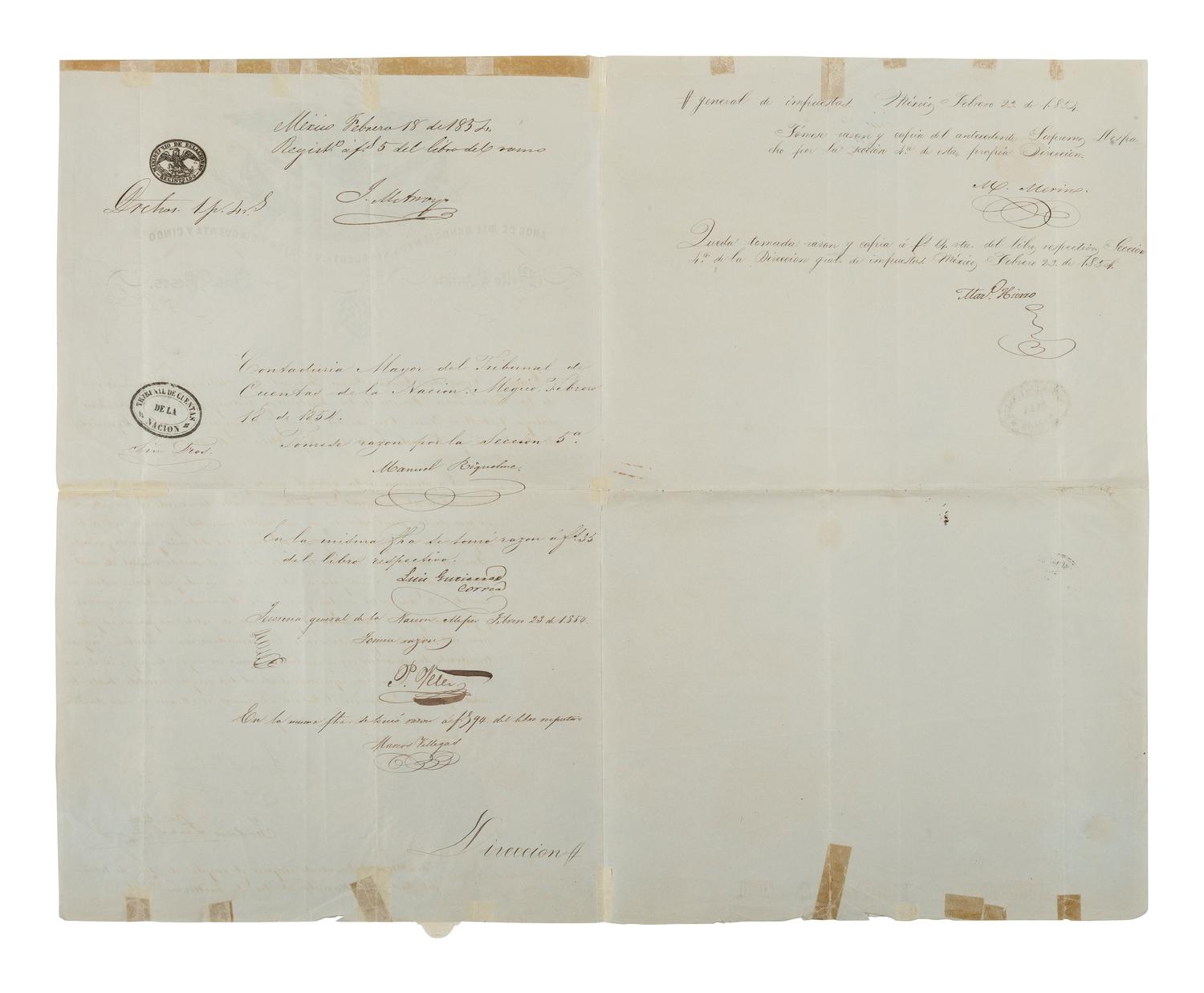 SANTA ANNA, Antonio López de (1794-1876). Document signed as President of Mexico, 8 February 1854.