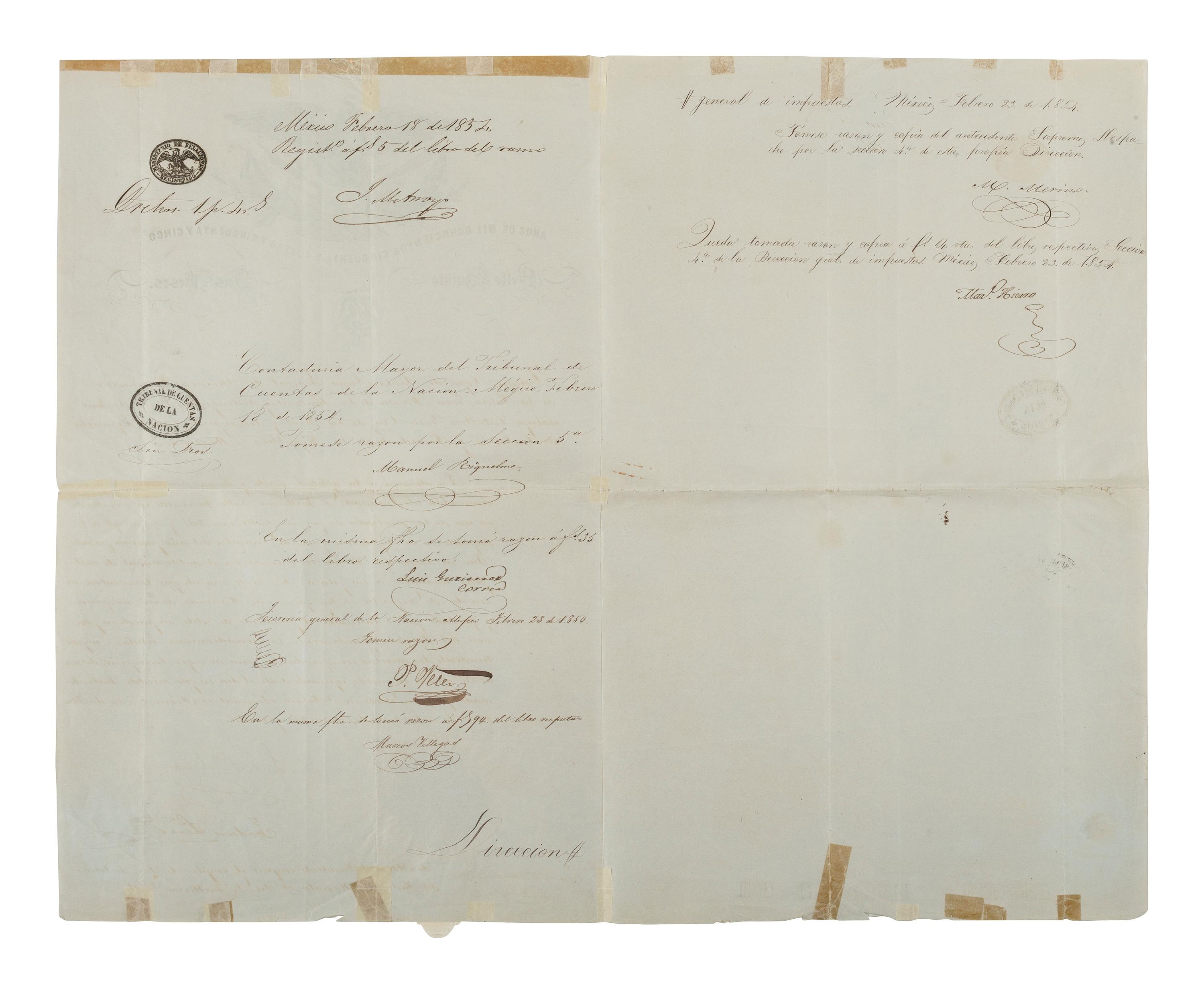 SANTA ANNA, Antonio López de (1794-1876). Document signed as President of Mexico, 8 February 1854.