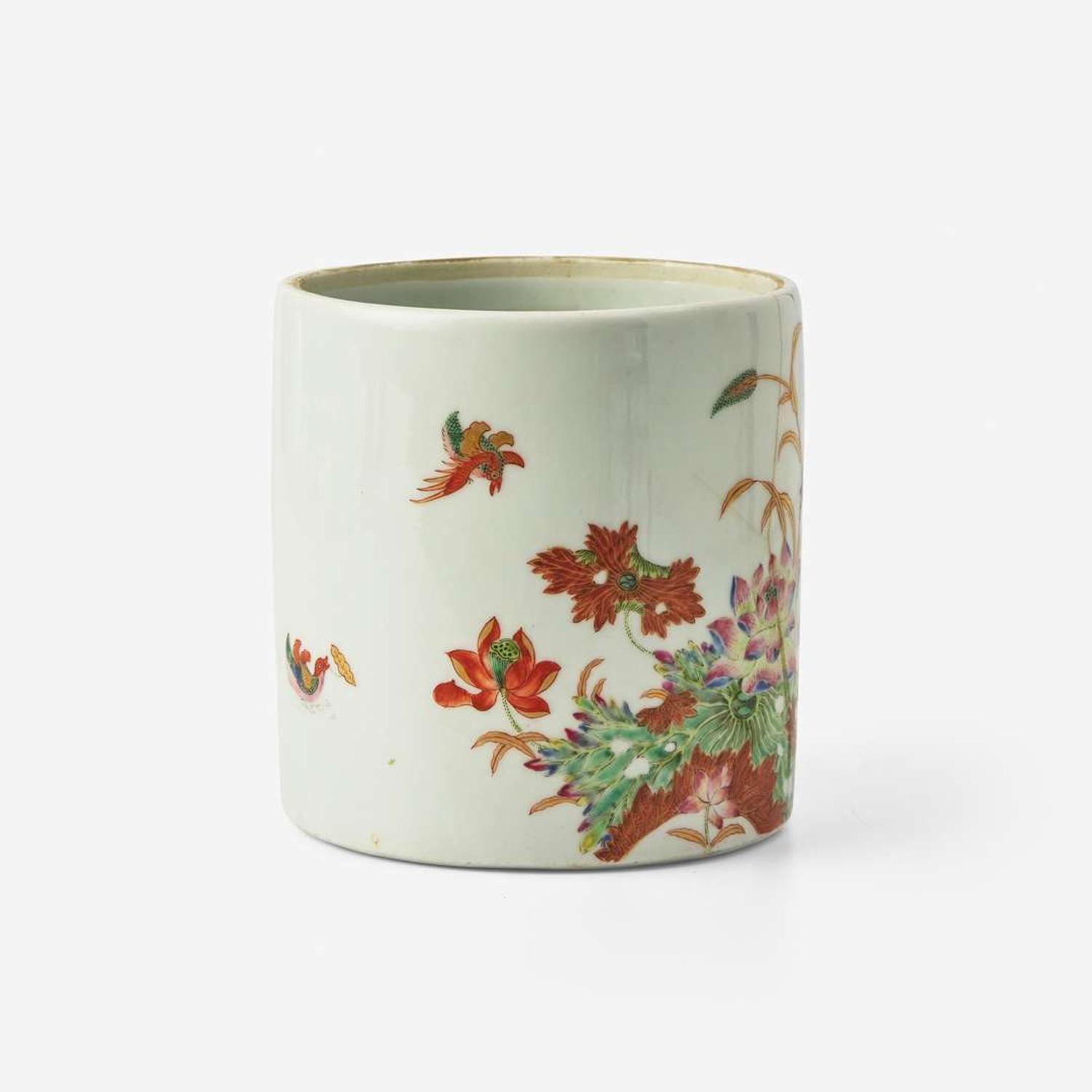 An unusual Chinese famille rose "Lotus and Crane" brush pot with poem 粉彩蓮鶴詩文筆筒