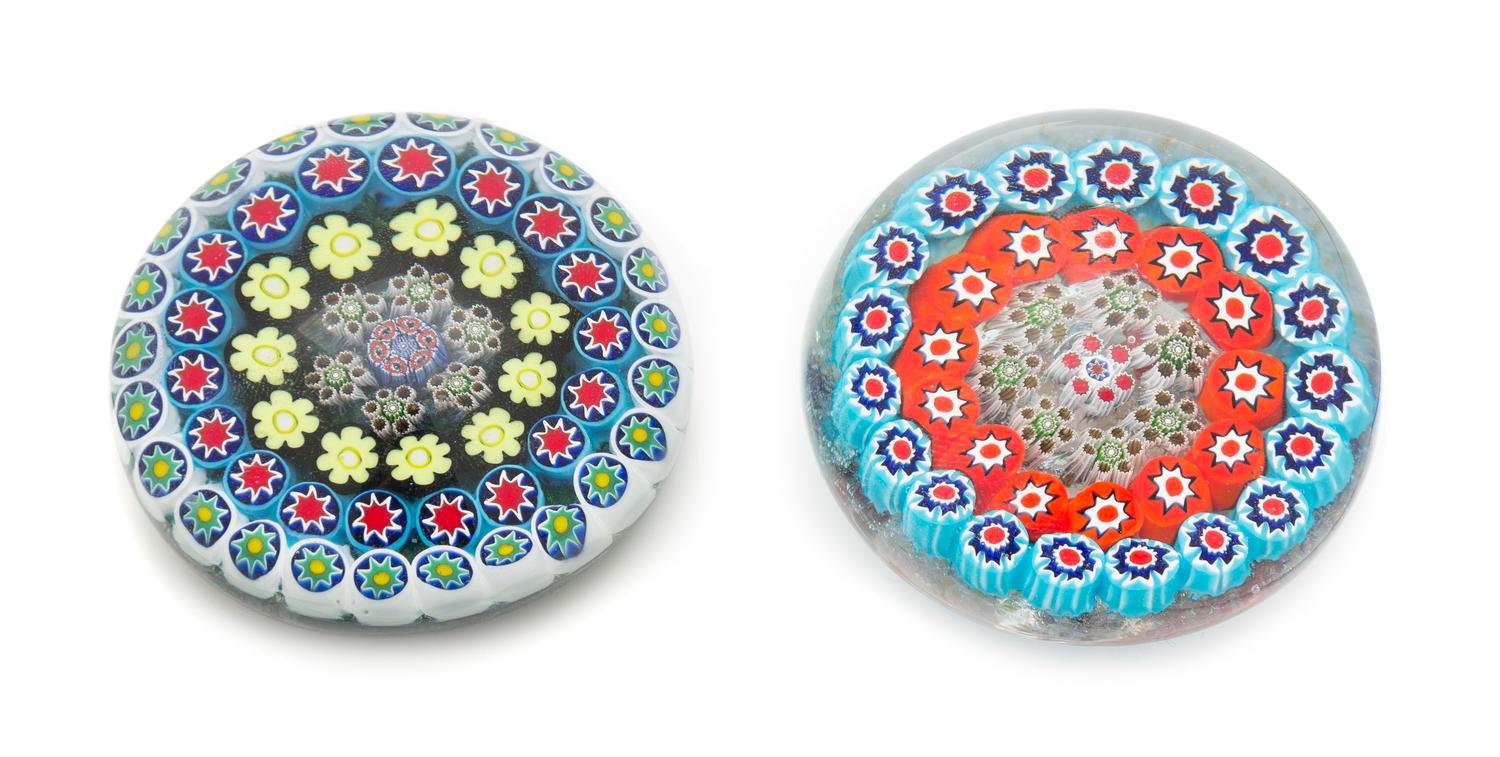 Peter Holmes, (Scottish), two concentric millefiori paperweights