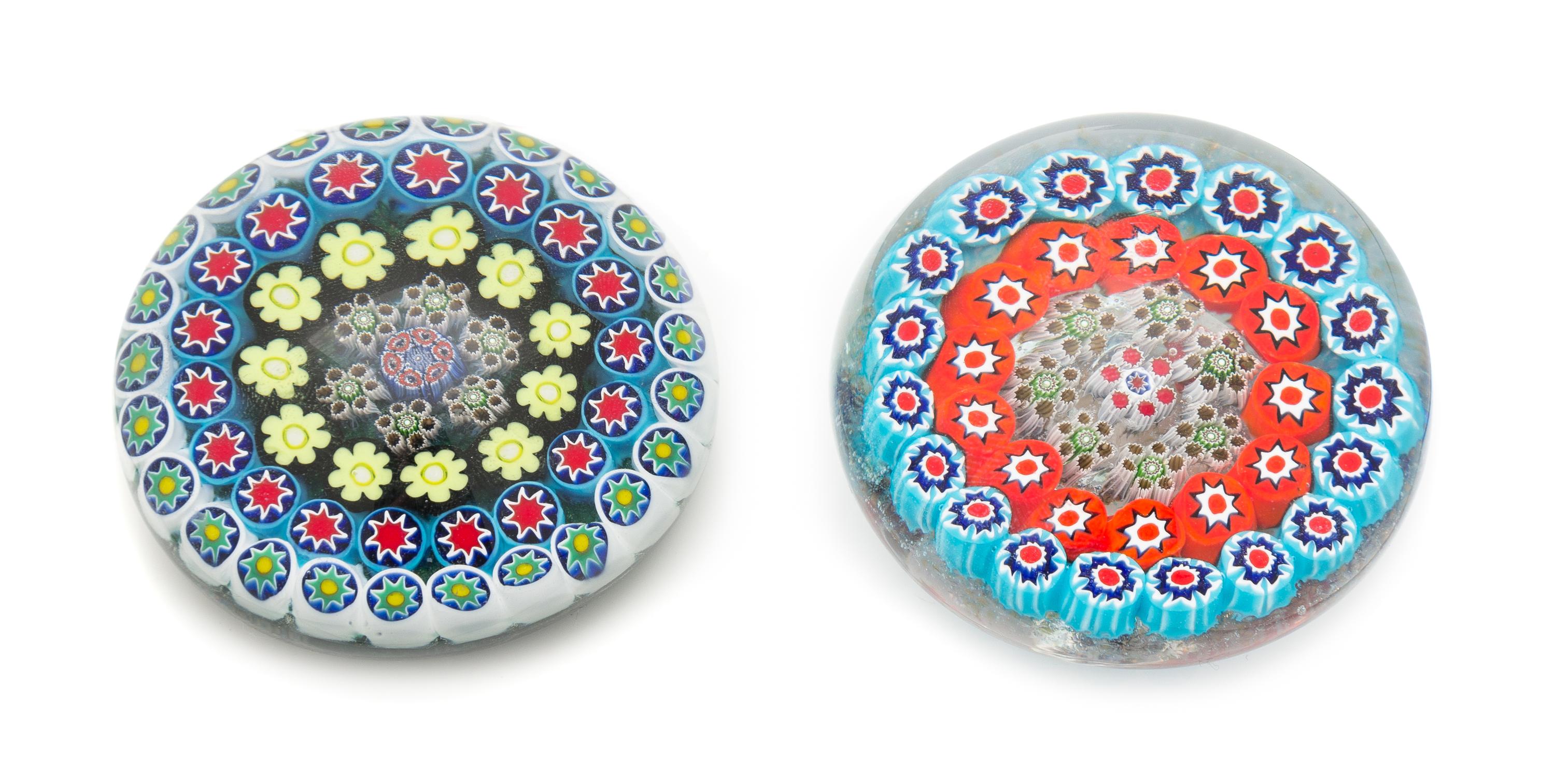 Peter Holmes, (Scottish), two concentric millefiori paperweights