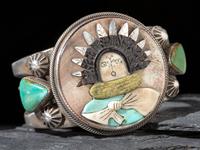 Heavy Silver and Mosaic Inlay Yeibichai Bust Cuff Bracelet