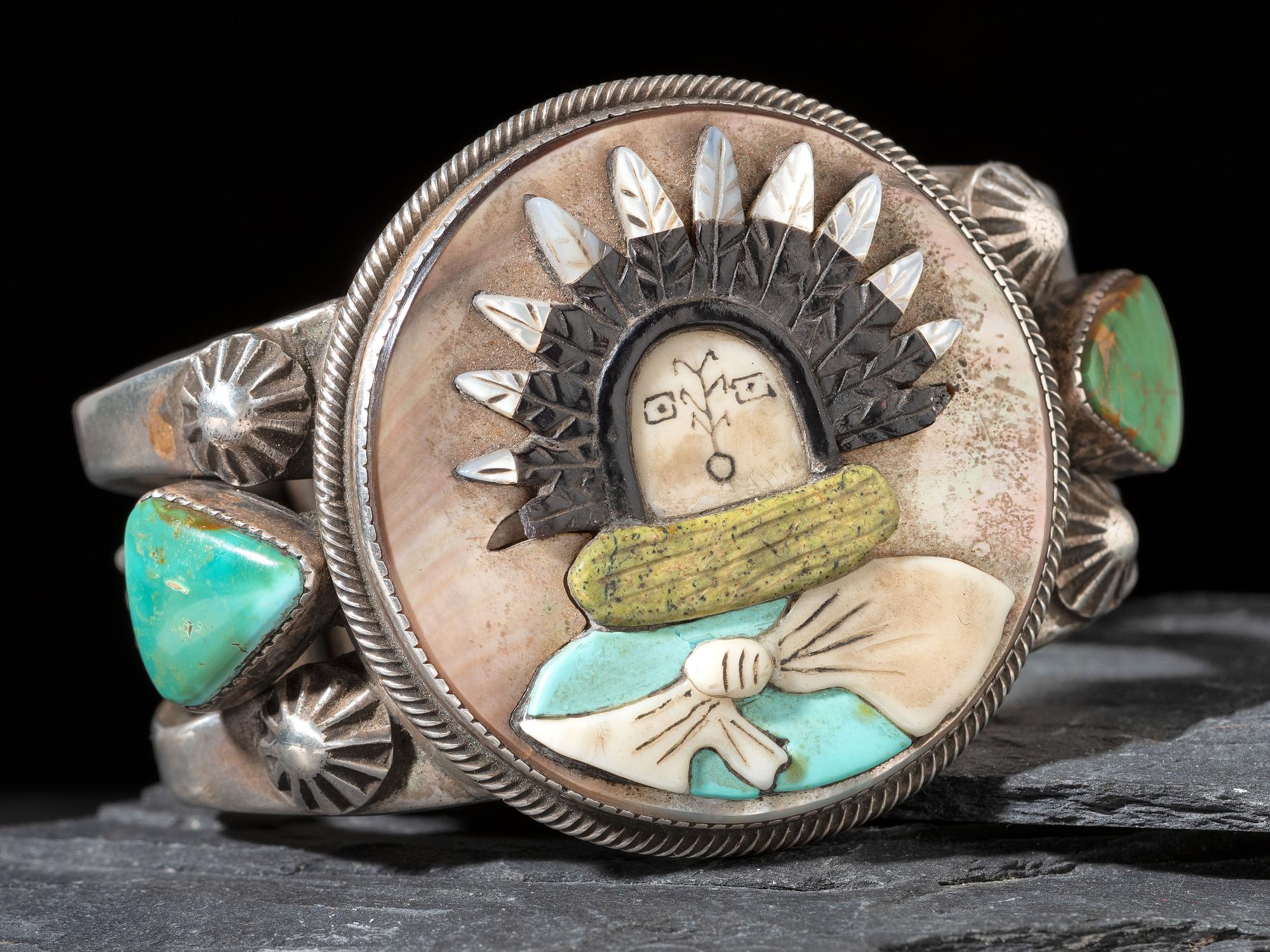 Heavy Silver and Mosaic Inlay Yeibichai Bust Cuff Bracelet
