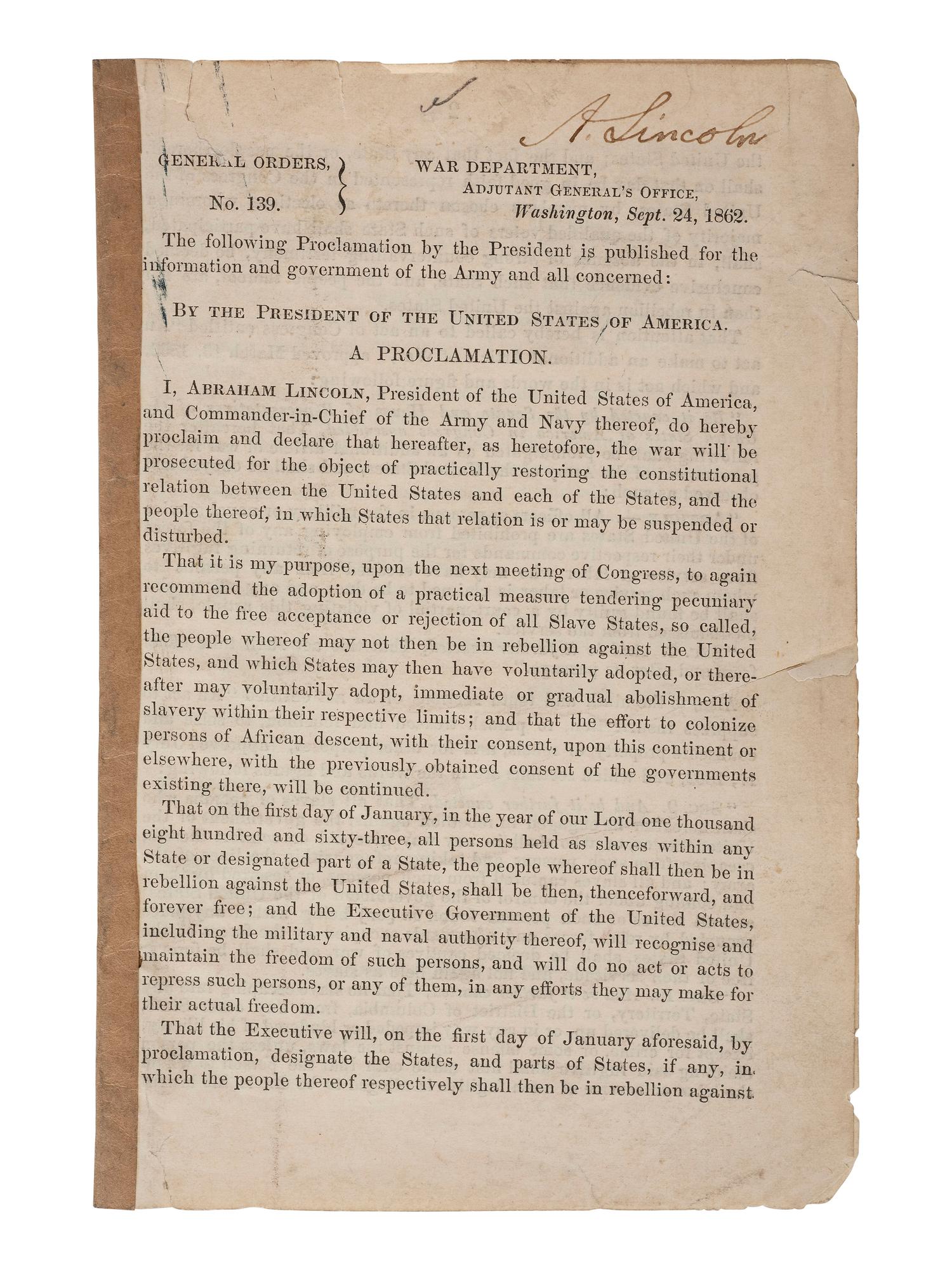 [LINCOLN, Abraham (1809-1865)] -- [AFRICAN AMERICANA]. General Orders No. 139, Lincoln's preliminary emancipation proclamation, with Lincoln signature, a Field and Sickles forgery.