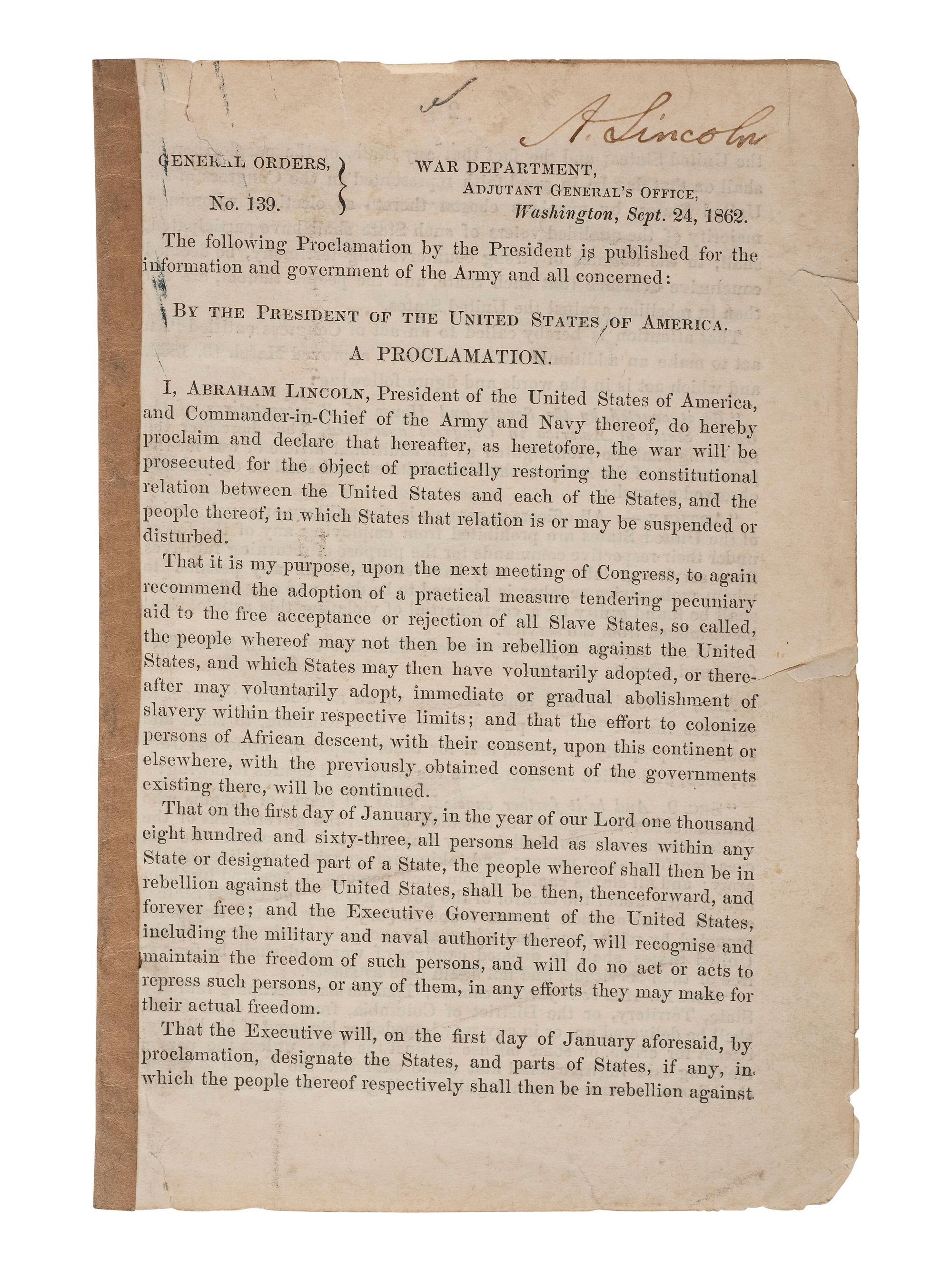 [LINCOLN, Abraham (1809-1865)] -- [AFRICAN AMERICANA]. General Orders No. 139, Lincoln's preliminary emancipation proclamation, with Lincoln signature, a Field and Sickles forgery.