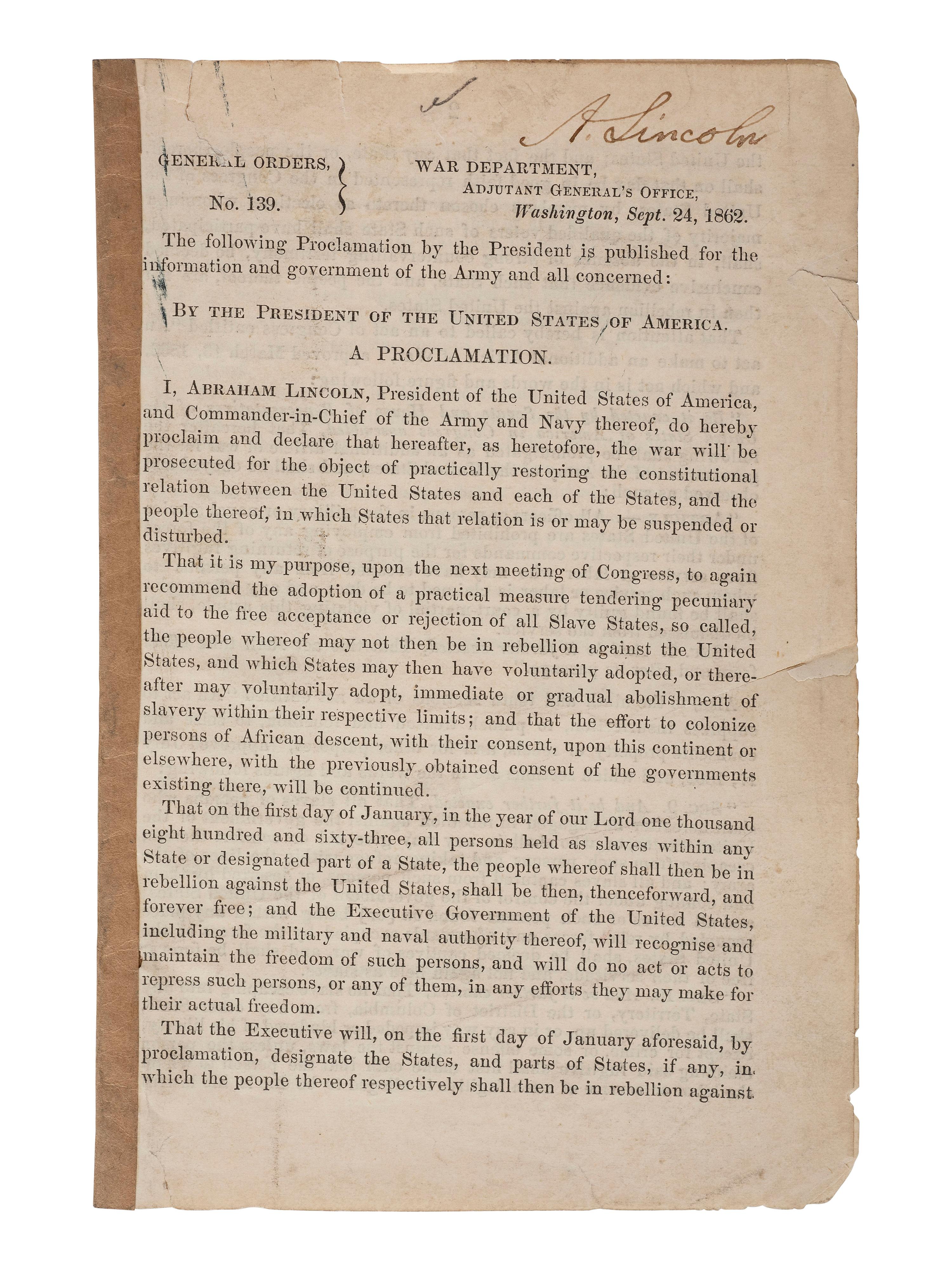 [LINCOLN, Abraham (1809-1865)] -- [AFRICAN AMERICANA]. General Orders No. 139, Lincoln's preliminary emancipation proclamation, with Lincoln signature, a Field and Sickles forgery.