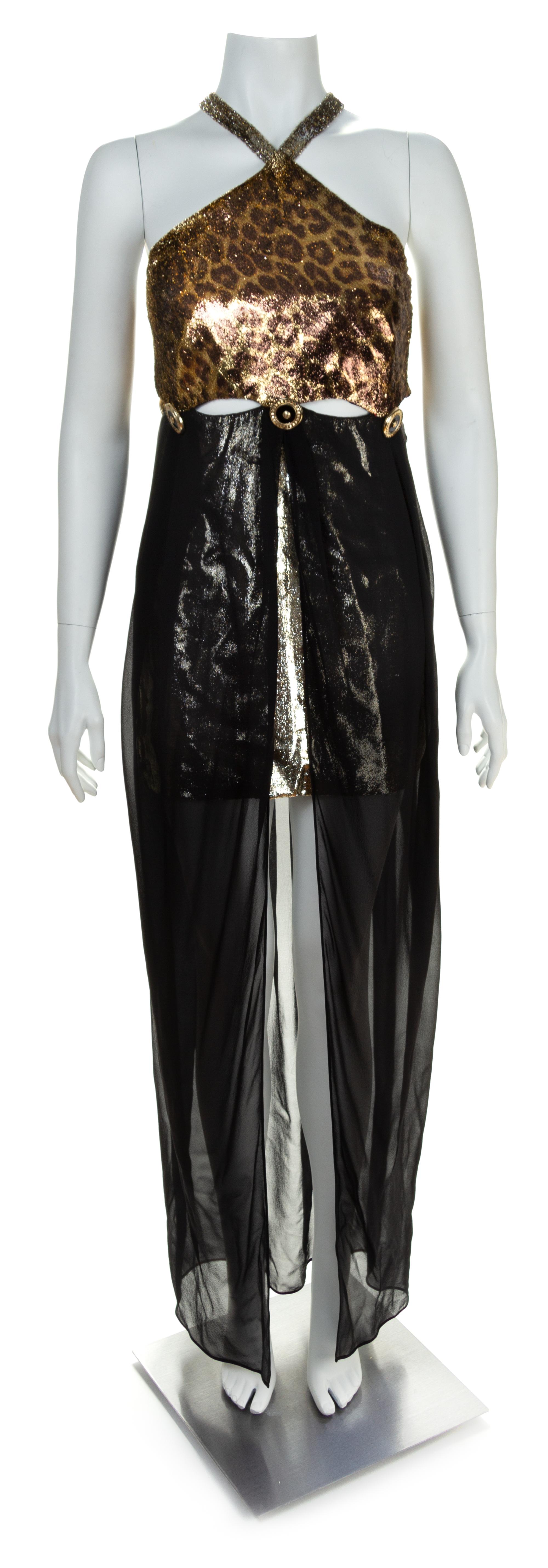 A Gianni Versace Gold Silk and Leopard Print Mini Dress, Size 42.