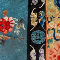 A Chinese Celeste Blue Ground Embroidered Silk Lady's Jacket 清晚期 藍地牡丹花籃紋褂