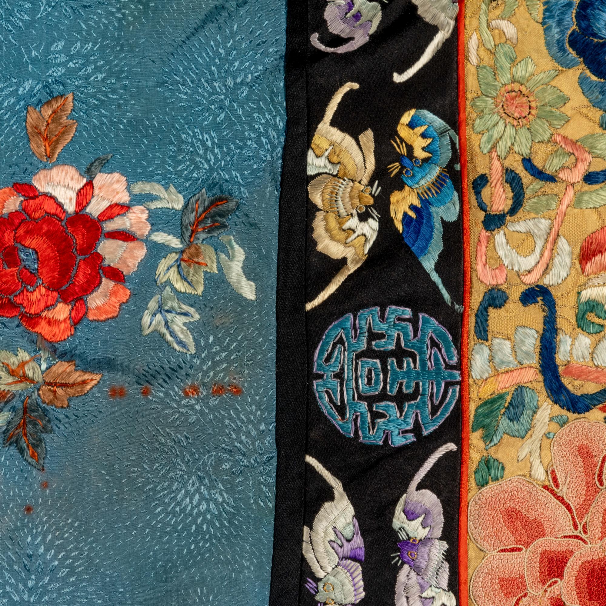 A Chinese Celeste Blue Ground Embroidered Silk Lady's Jacket 清晚期 藍地牡丹花籃紋褂