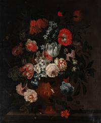 Still Life of Tulips, Narcissi, Roses, Peonies, Carnations and Other Flowers in a Vase on a Stone Ledge