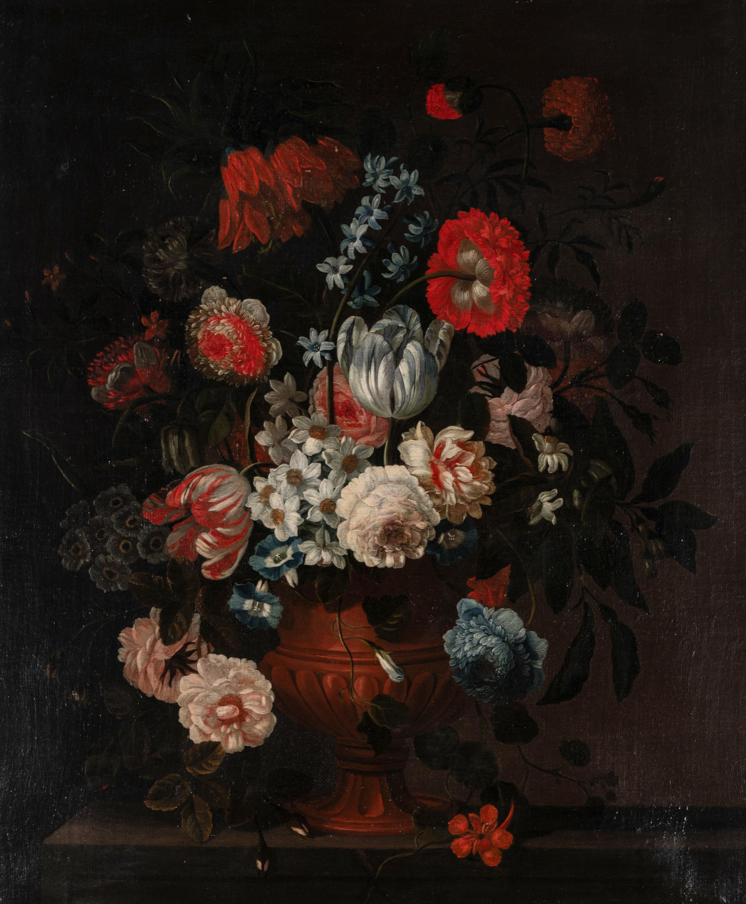 Still Life of Tulips, Narcissi, Roses, Peonies, Carnations and Other Flowers in a Vase on a Stone Ledge