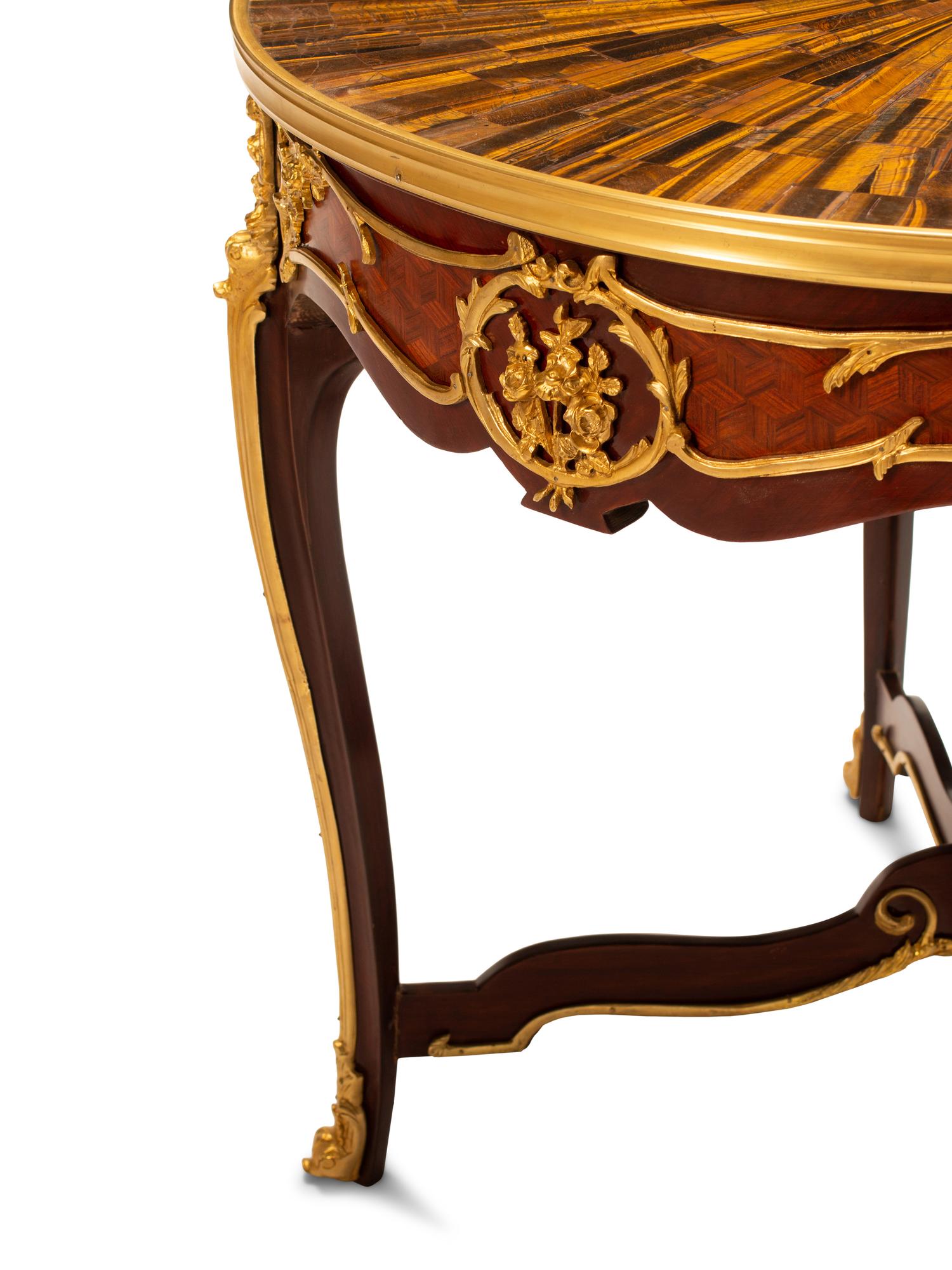A Pair of Louis XV Style Gilt Bronze Mounted Gueridons with Tiger's Eye Tops