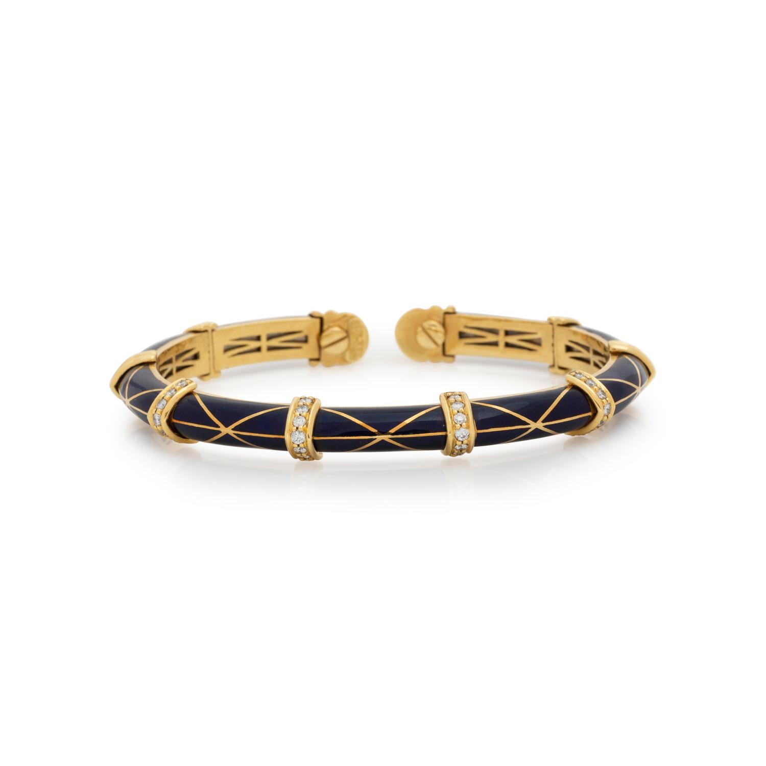 SUSY MOR, YELLOW GOLD, ENAMEL, AND DIAMOND BANGLE BRACELET