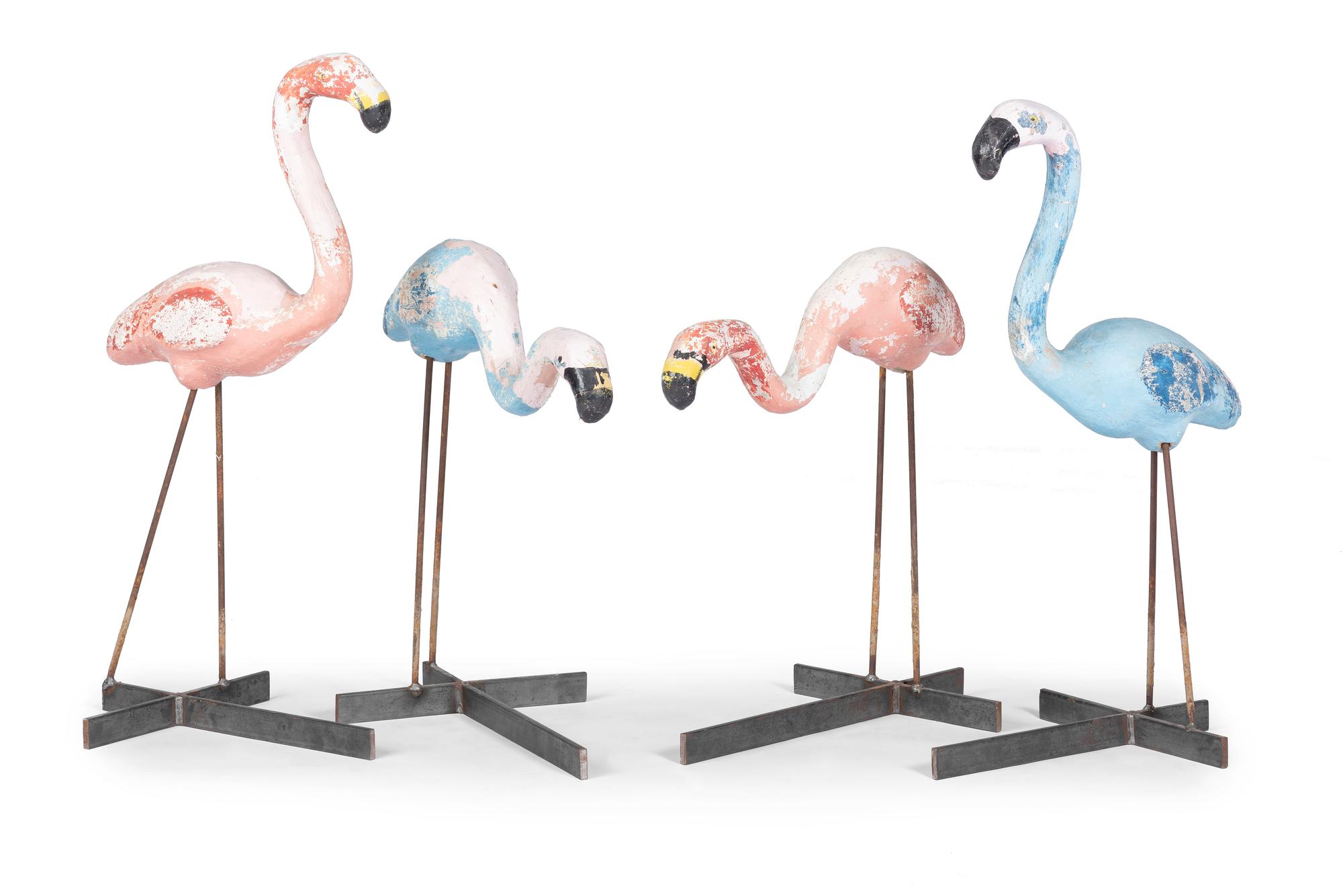 Four Cast Cement and Iron Pool Flamingos