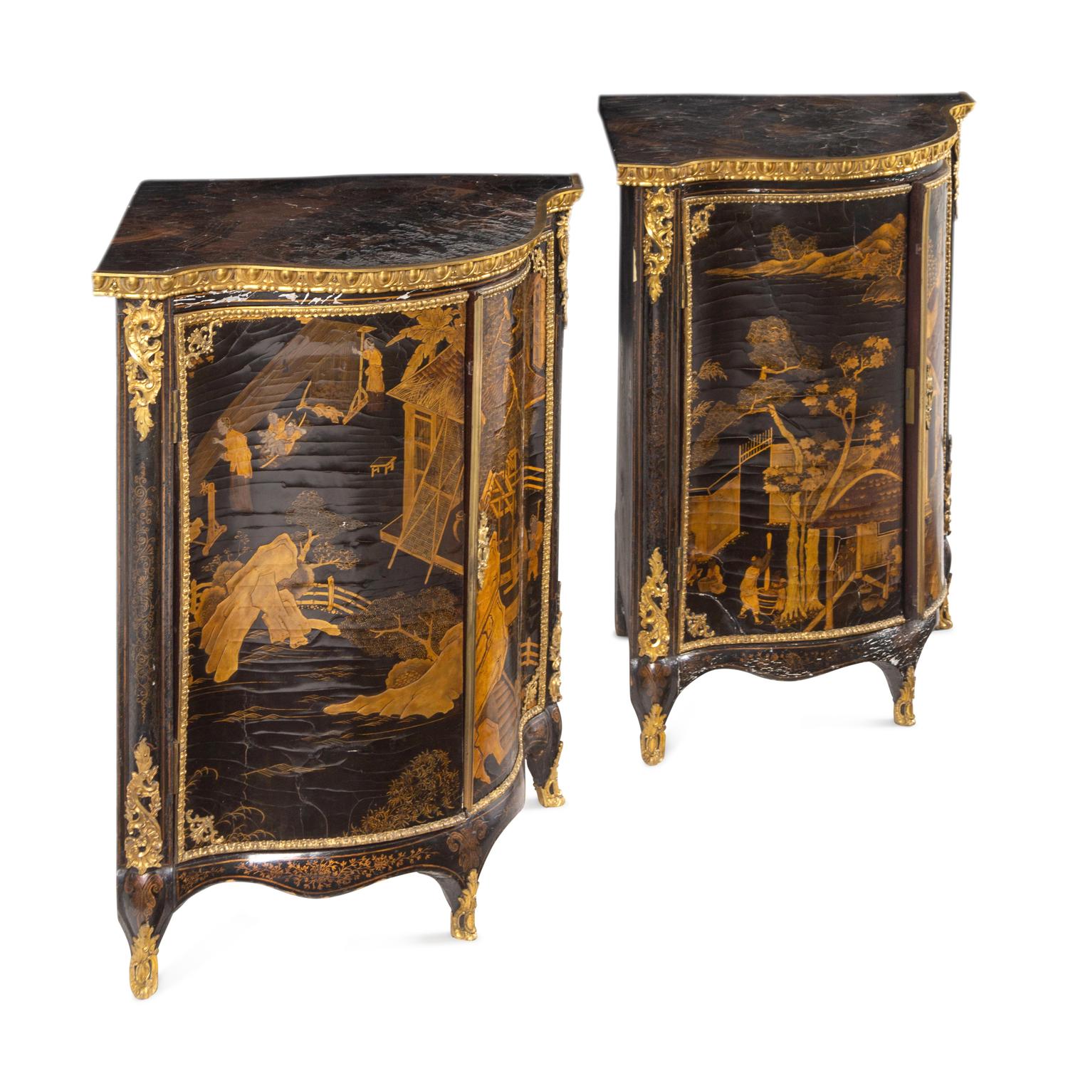 A Pair of George III Gilt Ormolu-Mounted Chinese Lacquer Corner Cabinets