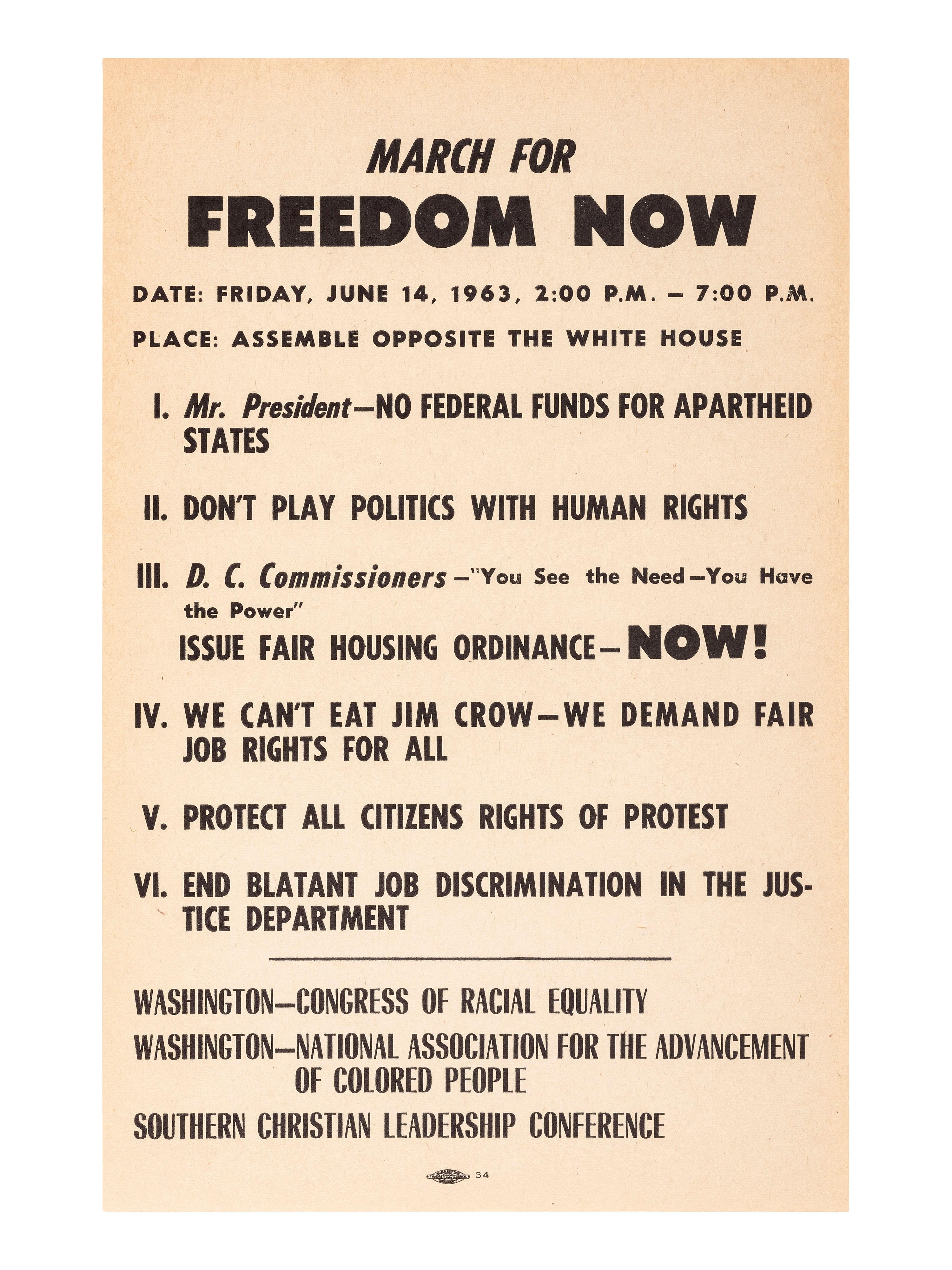 [CIVIL RIGHTS]. March for Freedom Now...Assemble Opposite the White House . [Washington, DC], 1963.