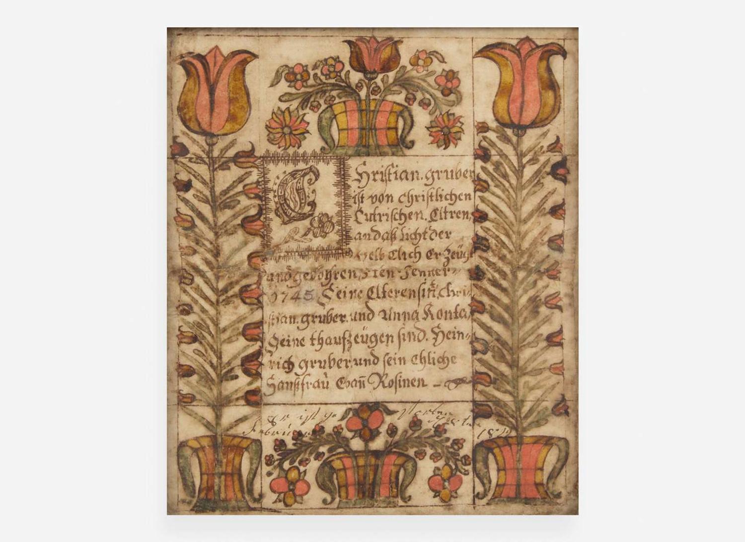 A Fraktur birth record for Christian Gruber, dated "1822"
