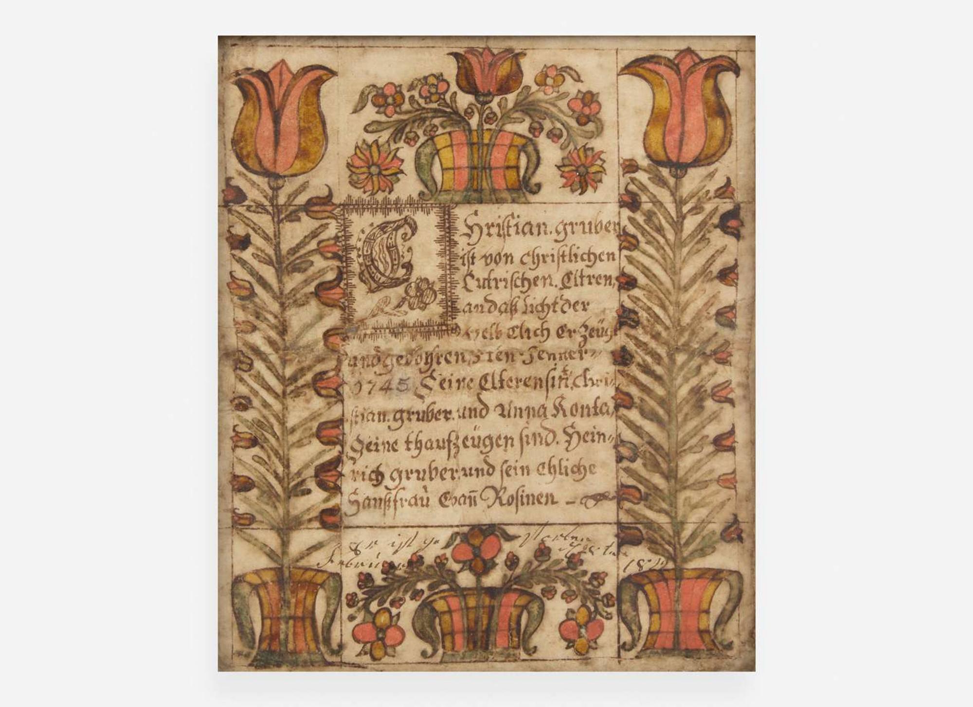 A Fraktur birth record for Christian Gruber, dated "1822"