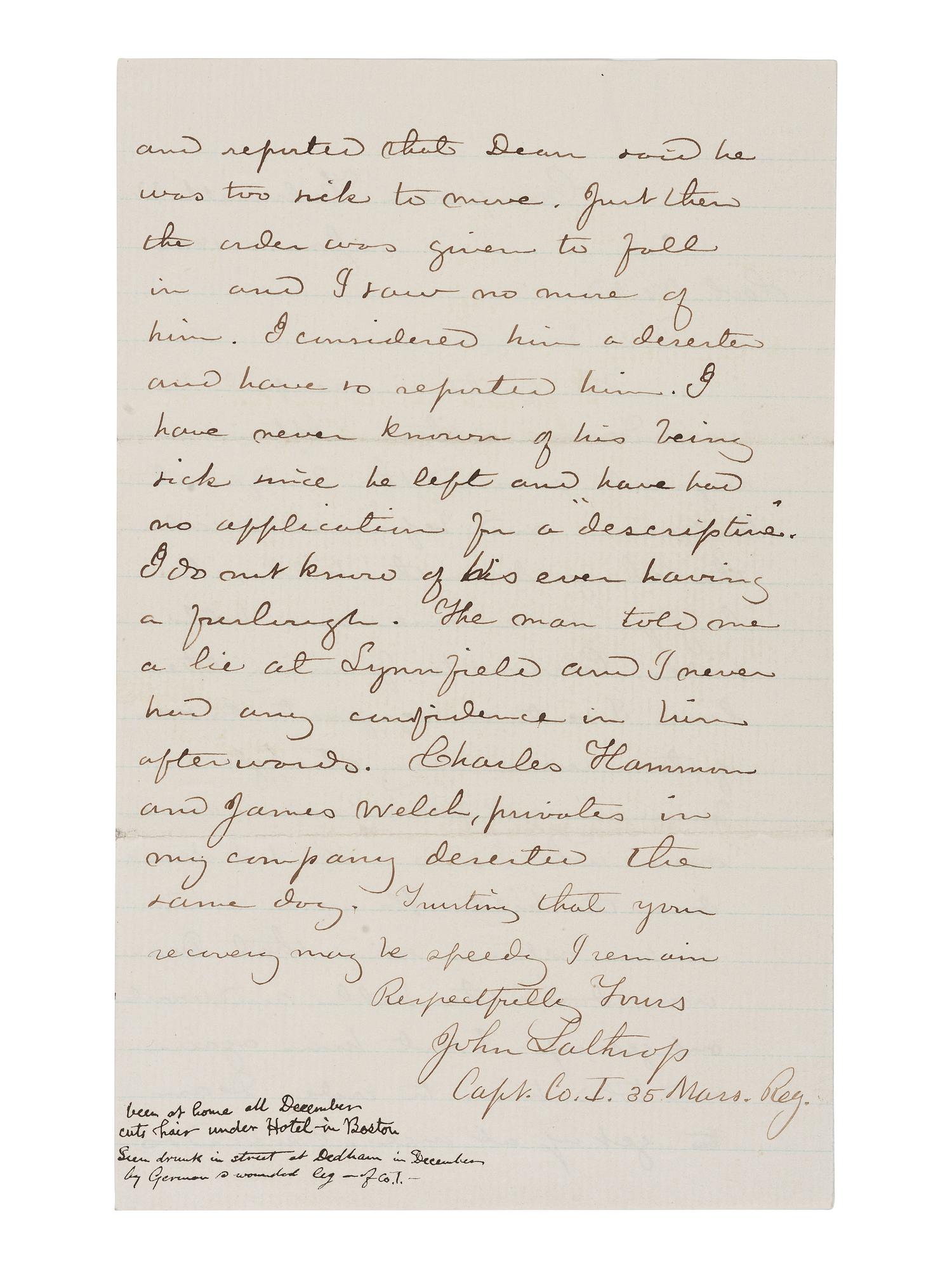 [CIVIL WAR]. Letter regarding cowardice and desertion by soldier Geo. Dean at the Battle of Antietam, written by Captain John Lathrop, 35th Massachusetts Infantry. “Camp near Falmouth, VA,” 5 January 1863.